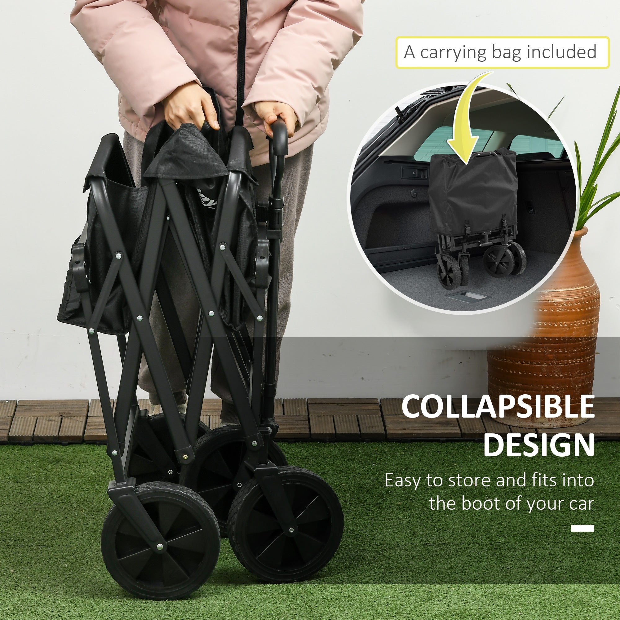Outsunny Outdoor Collapsible Wagon with Removable Canopy, Folding Garden Cart, Heavy Duty Pull Along Camping Cart with Telescopic Handle and Carry Bag, 220LBS Capacity