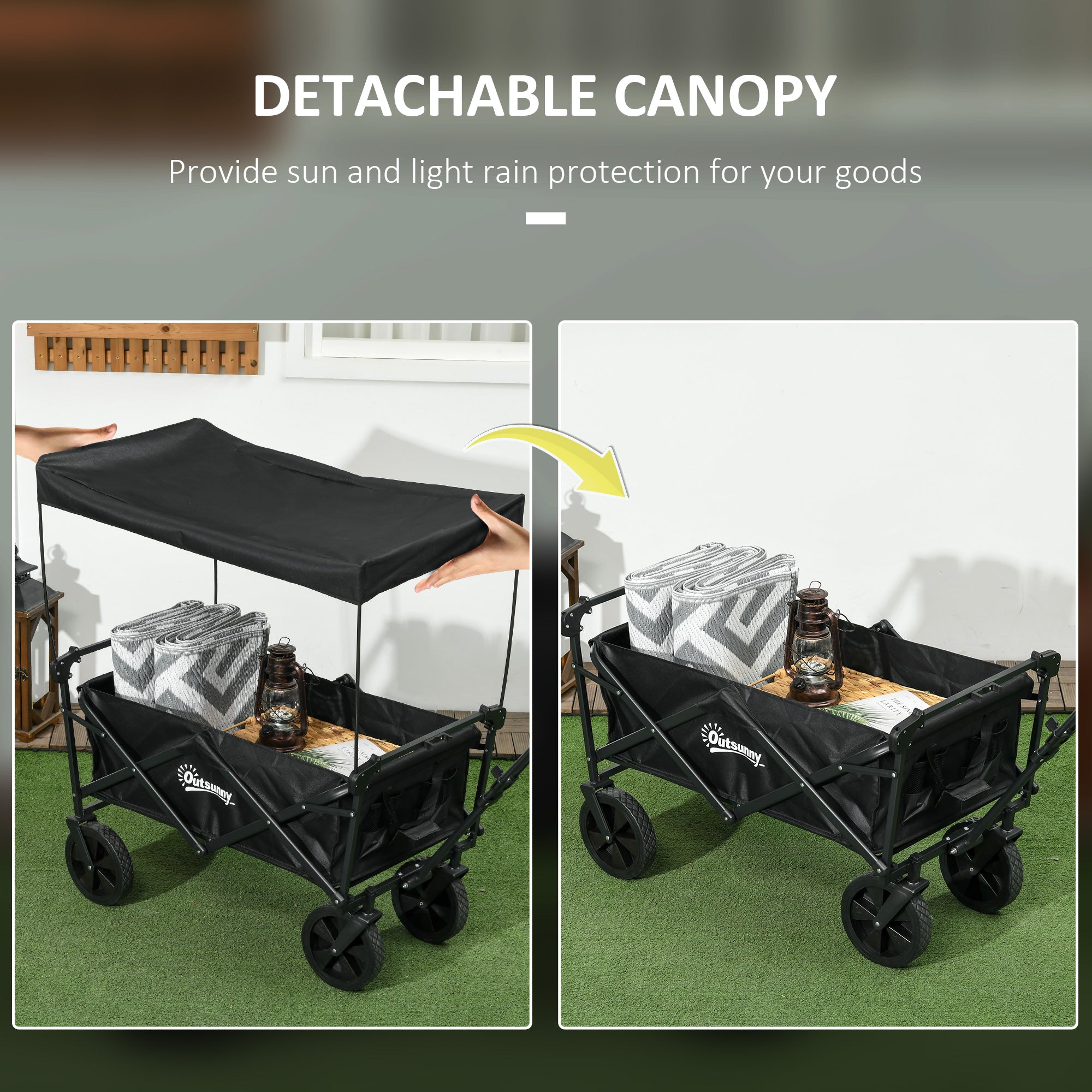 Outsunny Outdoor Collapsible Wagon with Removable Canopy, Folding Garden Cart, Heavy Duty Pull Along Camping Cart with Telescopic Handle and Carry Bag, 220LBS Capacity