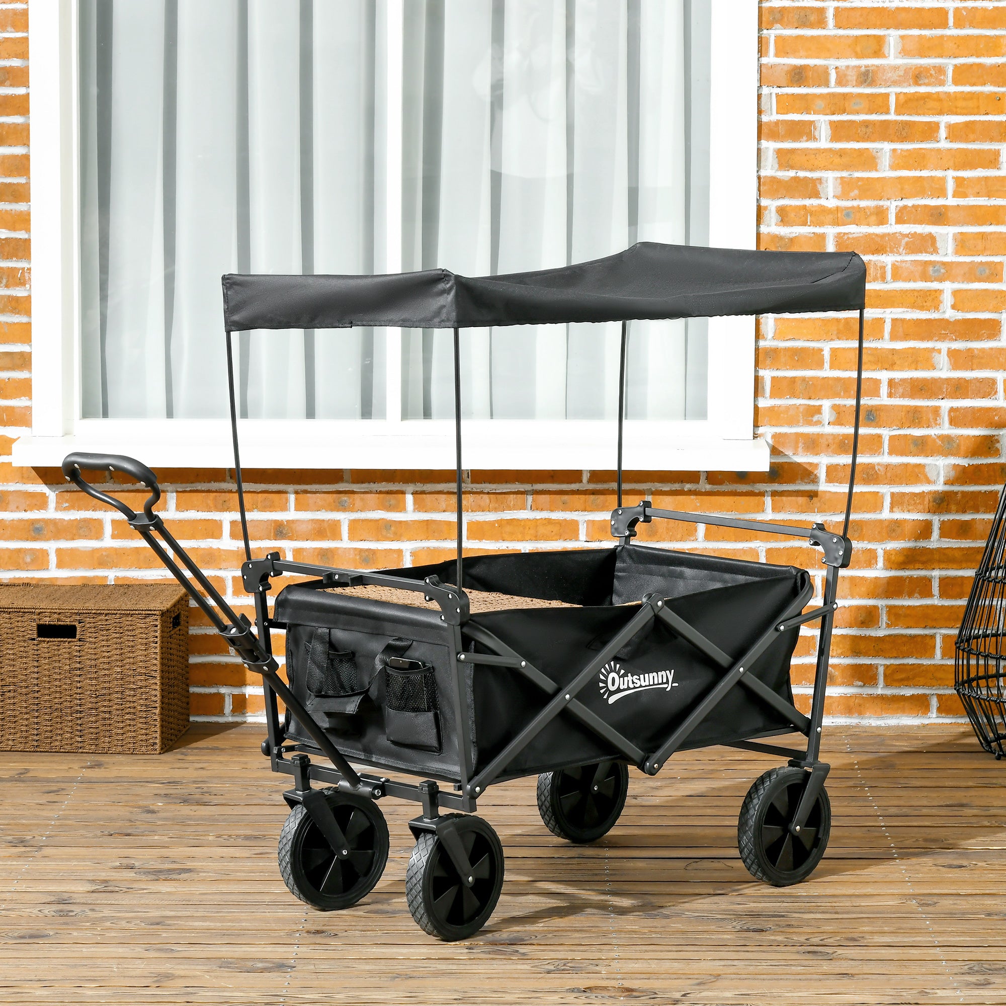 Outsunny Outdoor Collapsible Wagon with Removable Canopy, Folding Garden Cart, Heavy Duty Pull Along Camping Cart with Telescopic Handle and Carry Bag, 220LBS Capacity