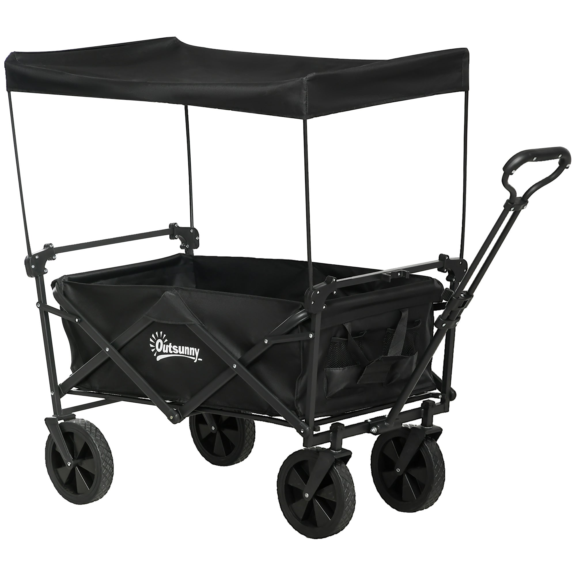 Outsunny Outdoor Collapsible Wagon with Removable Canopy, Folding Garden Cart, Heavy Duty Pull Along Camping Cart with Telescopic Handle and Carry Bag, 220LBS Capacity