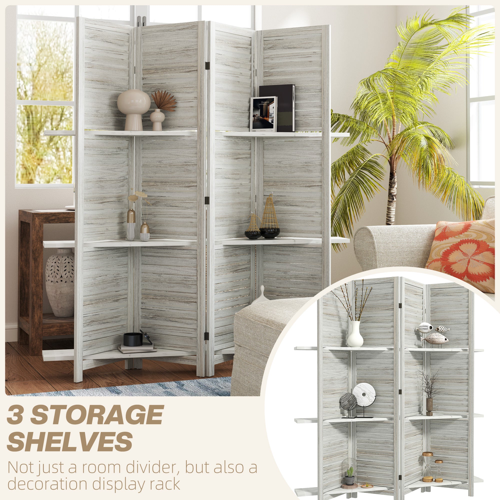 HOMCOM 4 Panel Room Divider with Display Shelf, 5.6 FT Folding Privacy Screen, Portable Freestanding Partition Wall Divider for Home Office, Distressed White