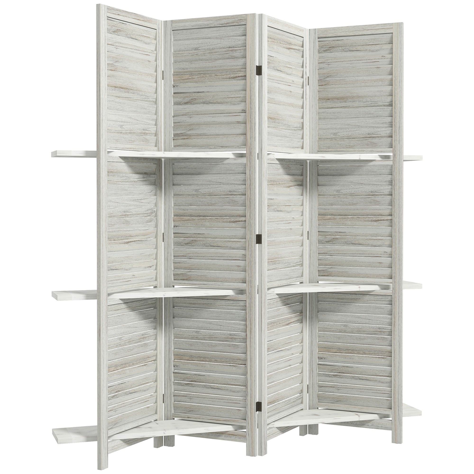 HOMCOM 4 Panel Room Divider with Display Shelf, 5.6 FT Folding Privacy Screen, Portable Freestanding Partition Wall Divider for Home Office, Distressed White