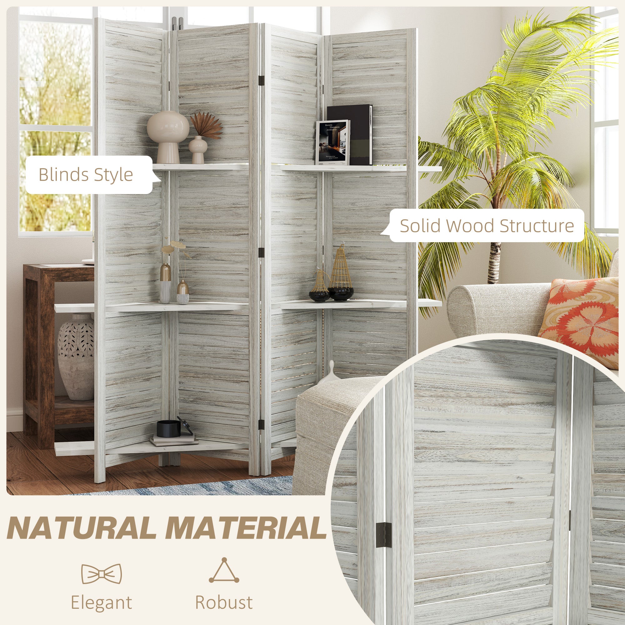HOMCOM 4 Panel Room Divider with Display Shelf, 5.6 FT Folding Privacy Screen, Portable Freestanding Partition Wall Divider for Home Office, Distressed White
