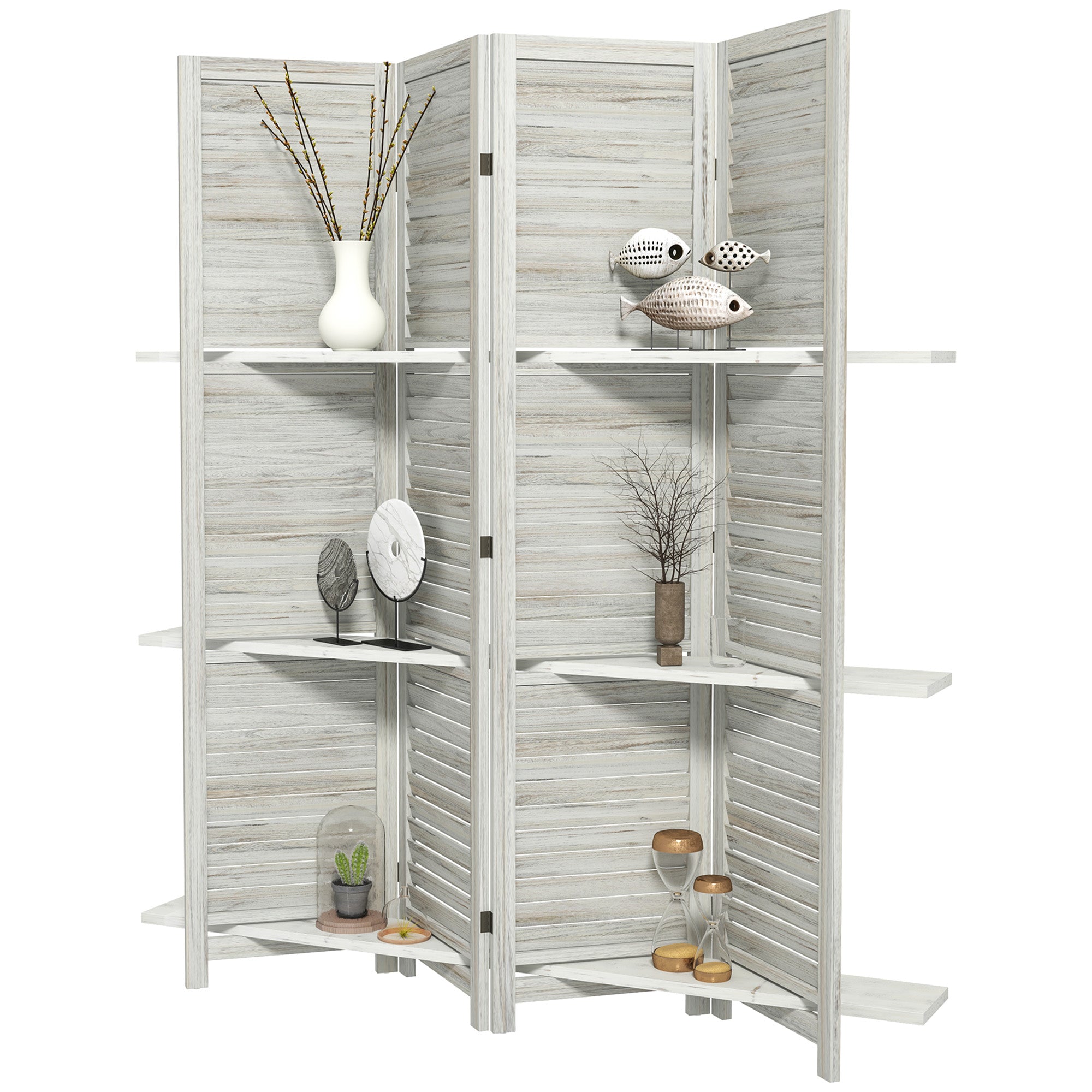 HOMCOM 4 Panel Room Divider with Display Shelf, 5.6 FT Folding Privacy Screen, Portable Freestanding Partition Wall Divider for Home Office, Distressed White