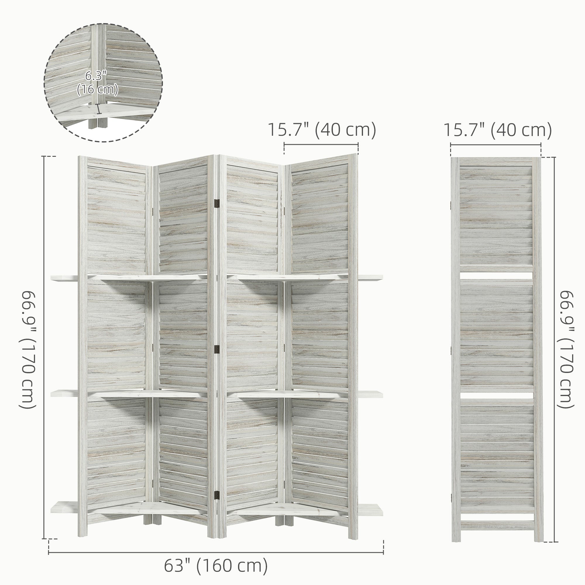 HOMCOM 4 Panel Room Divider with Display Shelf, 5.6 FT Folding Privacy Screen, Portable Freestanding Partition Wall Divider for Home Office, Distressed White