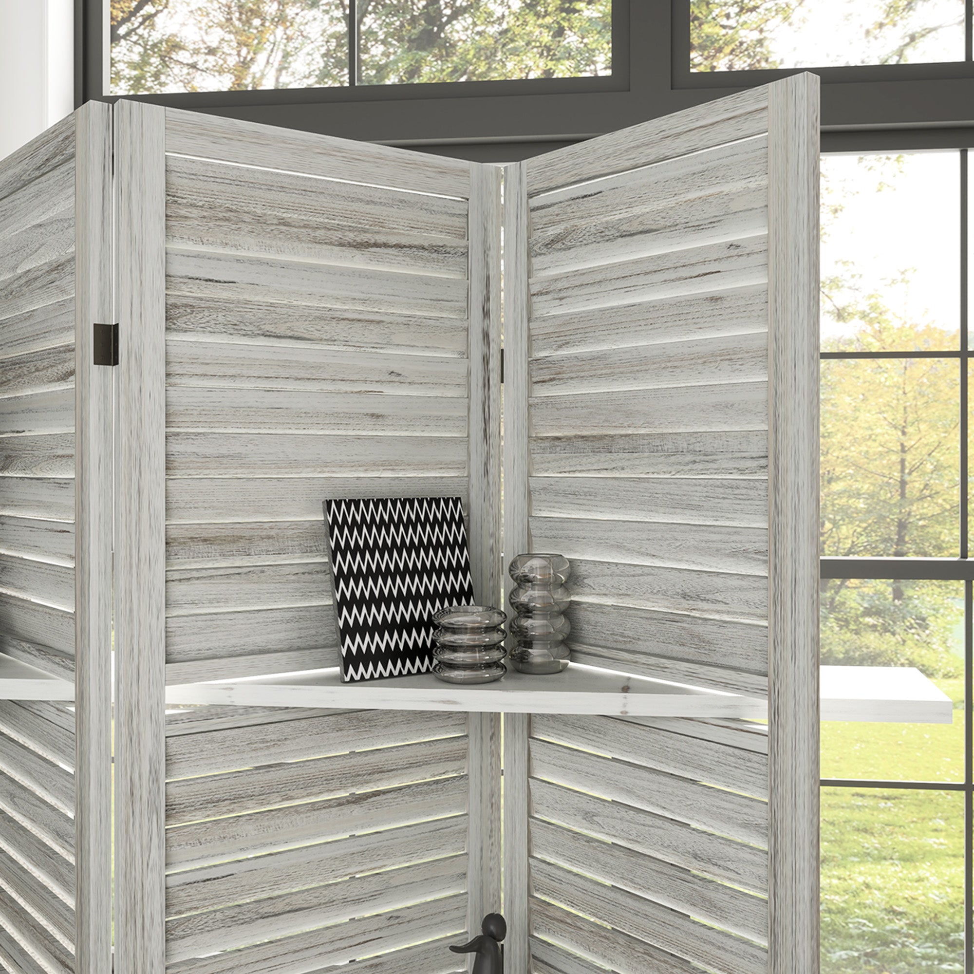 HOMCOM 4 Panel Room Divider with Display Shelf, 5.6 FT Folding Privacy Screen, Portable Freestanding Partition Wall Divider for Home Office, Distressed White