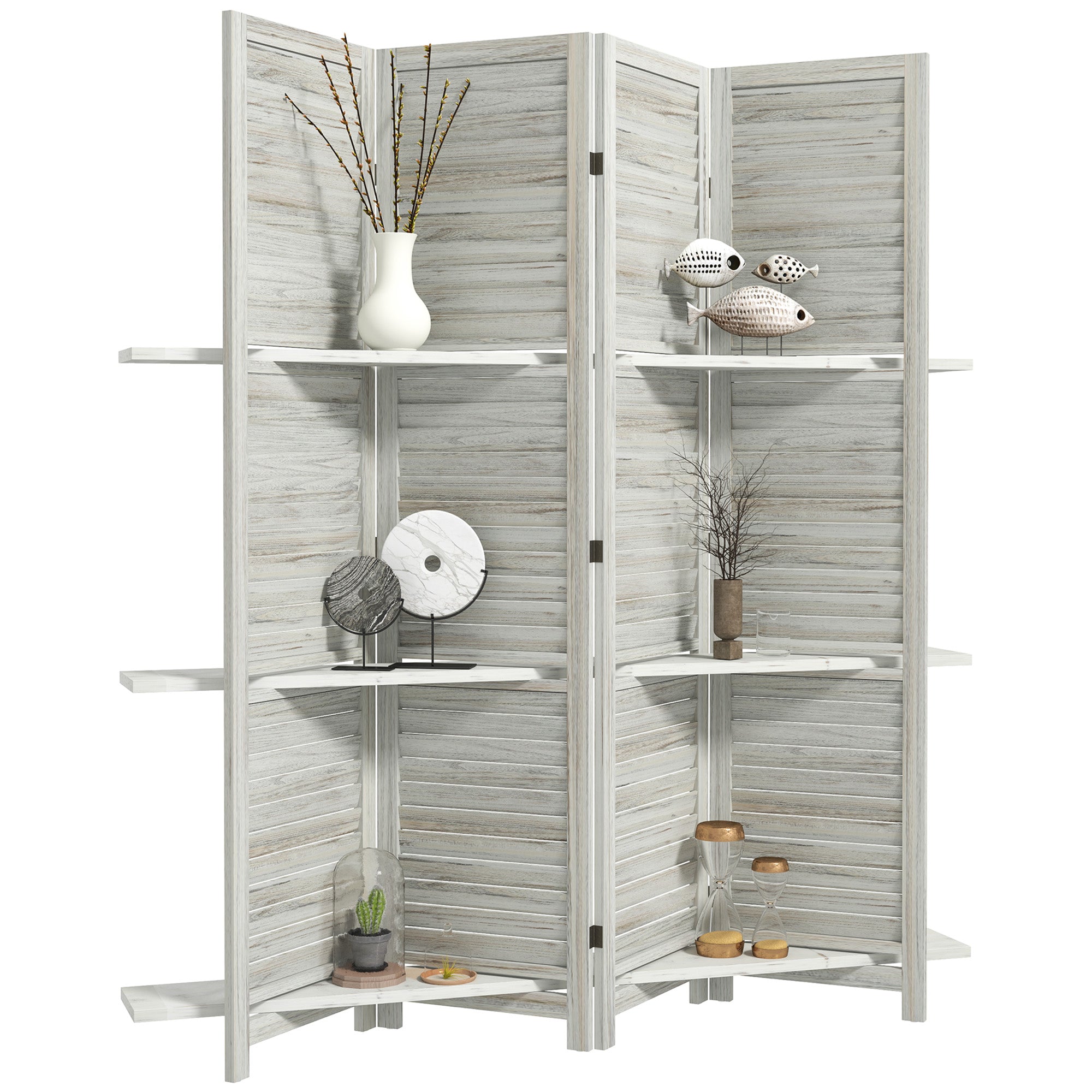HOMCOM 4 Panel Room Divider with Display Shelf, 5.6 FT Folding Privacy Screen, Portable Freestanding Partition Wall Divider for Home Office, Distressed White