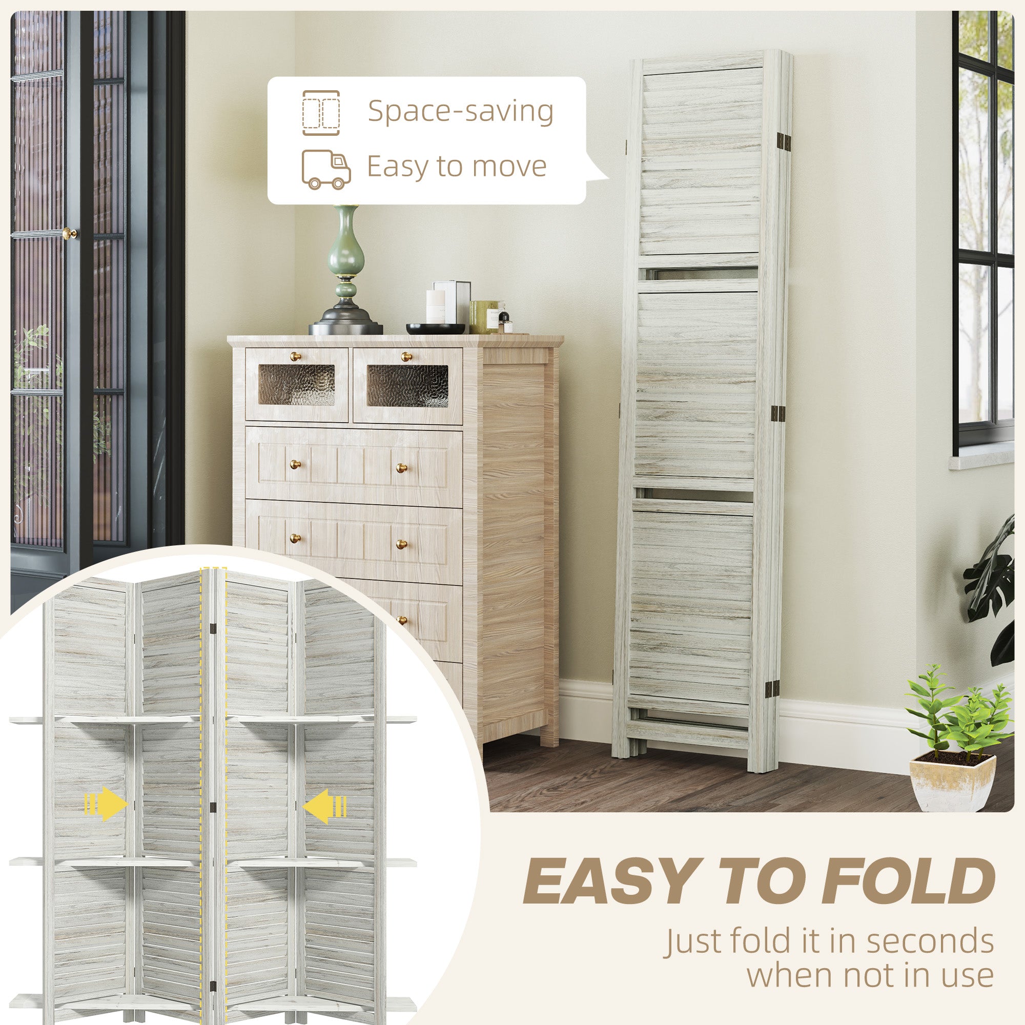 HOMCOM 4 Panel Room Divider with Display Shelf, 5.6 FT Folding Privacy Screen, Portable Freestanding Partition Wall Divider for Home Office, Distressed White