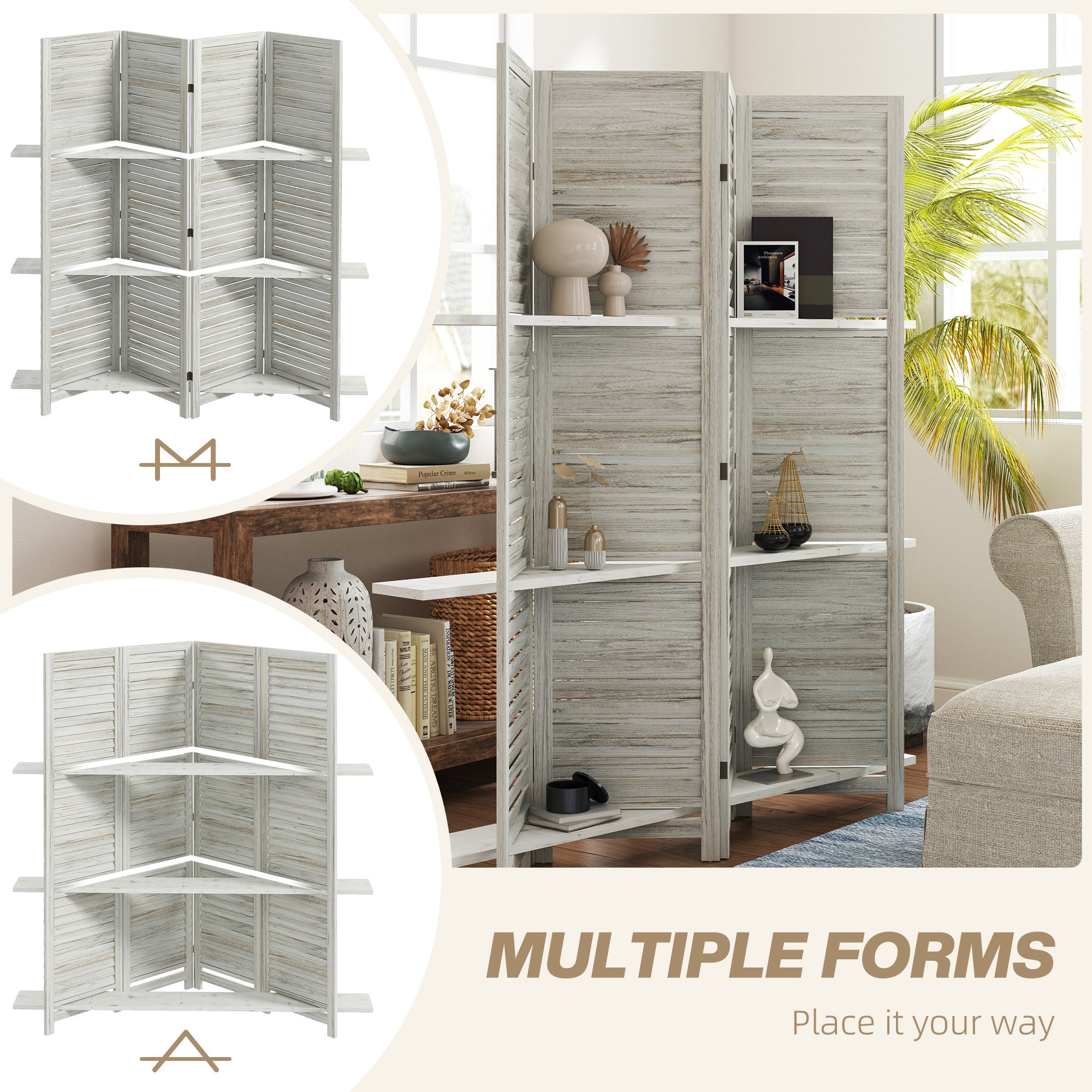 HOMCOM 4 Panel Room Divider with Display Shelf, 5.6 FT Folding Privacy Screen, Portable Freestanding Partition Wall Divider for Home Office, Distressed White