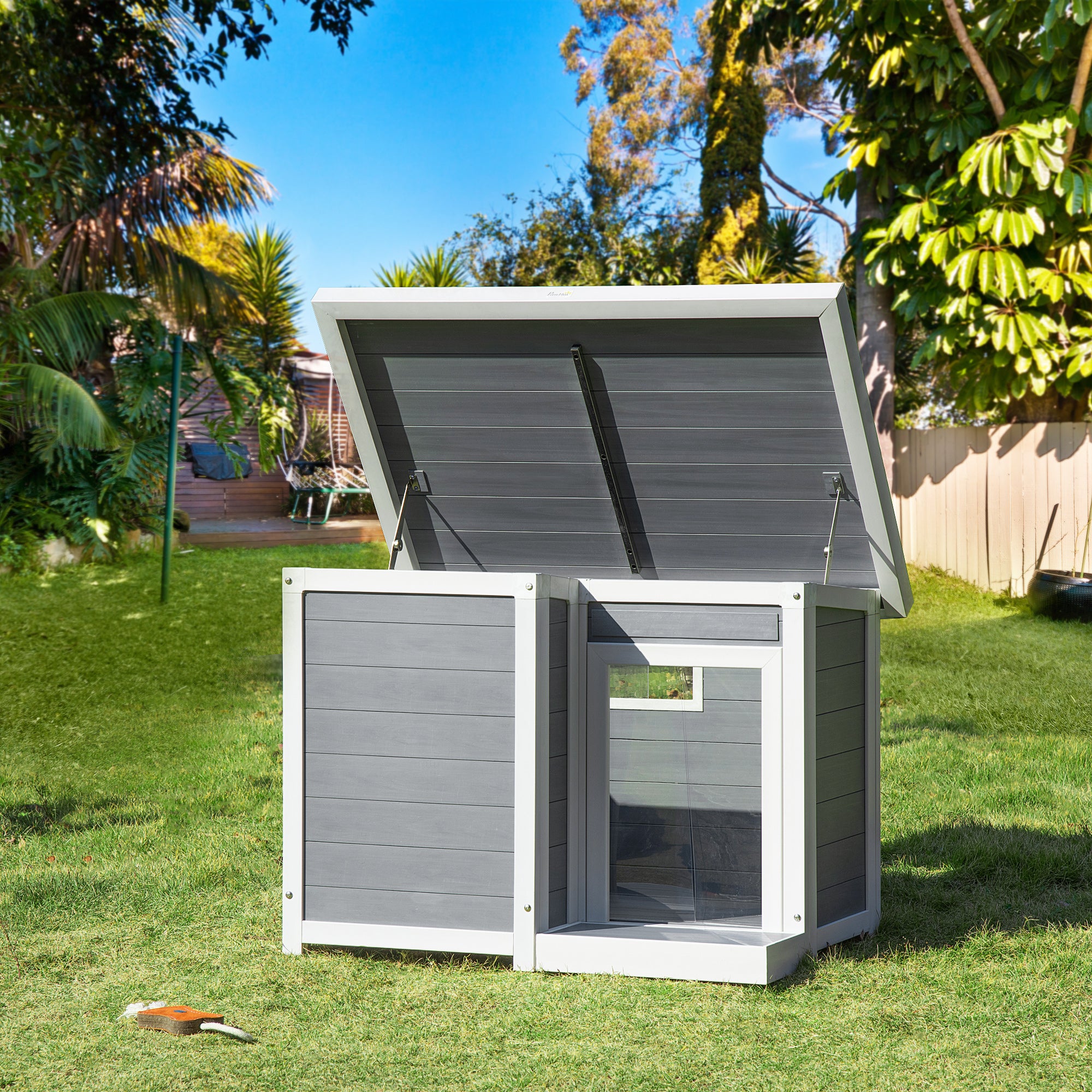 PawHut Outdoor Indoor Dog House with Openable Top, Weather Resistant Dog Kennel with Porch, Pet Furniture for Small and Medium Sized Dogs, Gray