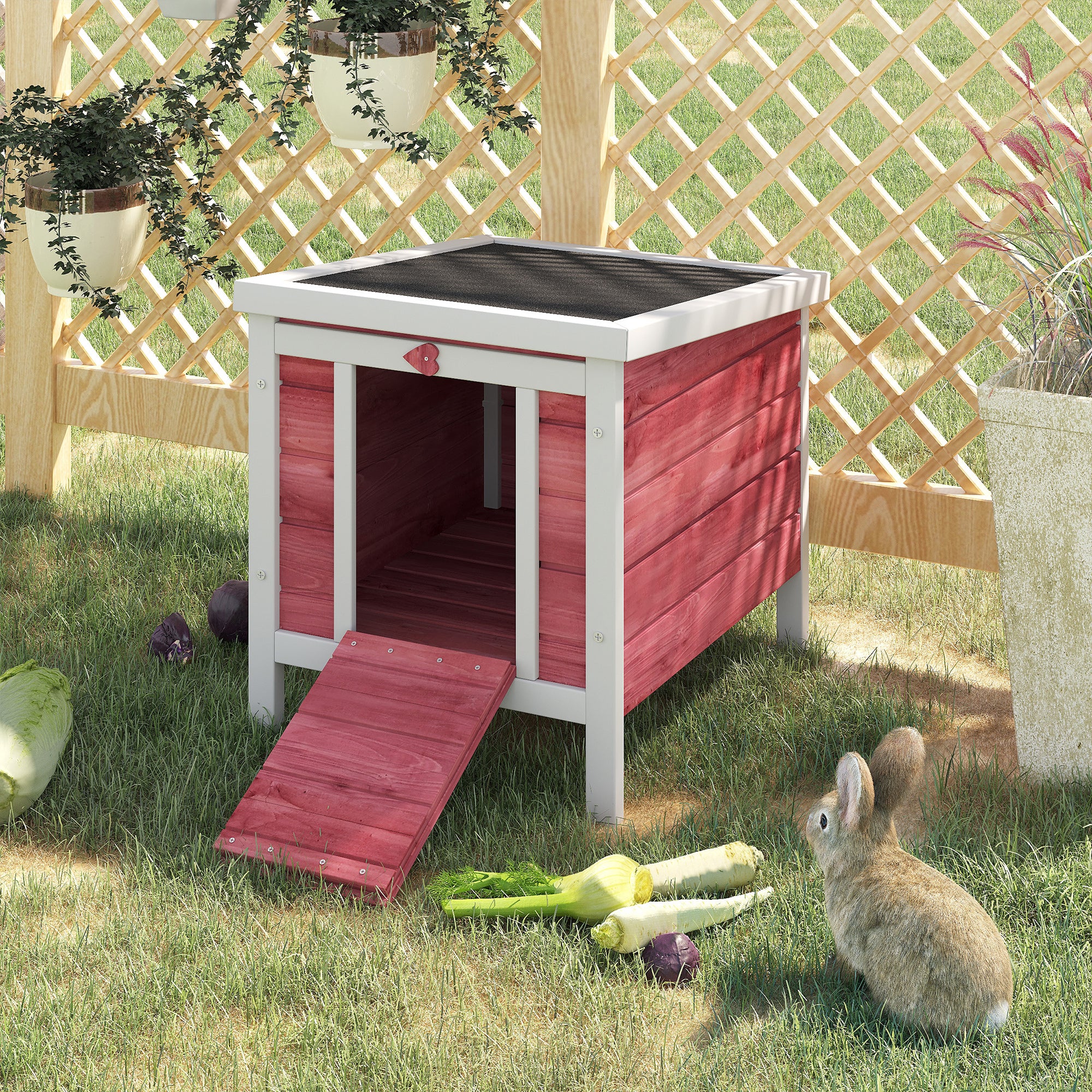 PawHut Wooden Rabbit Hutch Outdoor, Guinea Pig Hutch, Rabbit Hideaway, Cat House, Bunny Cage Small Animal House 51 x 42 x 43 cm, Red