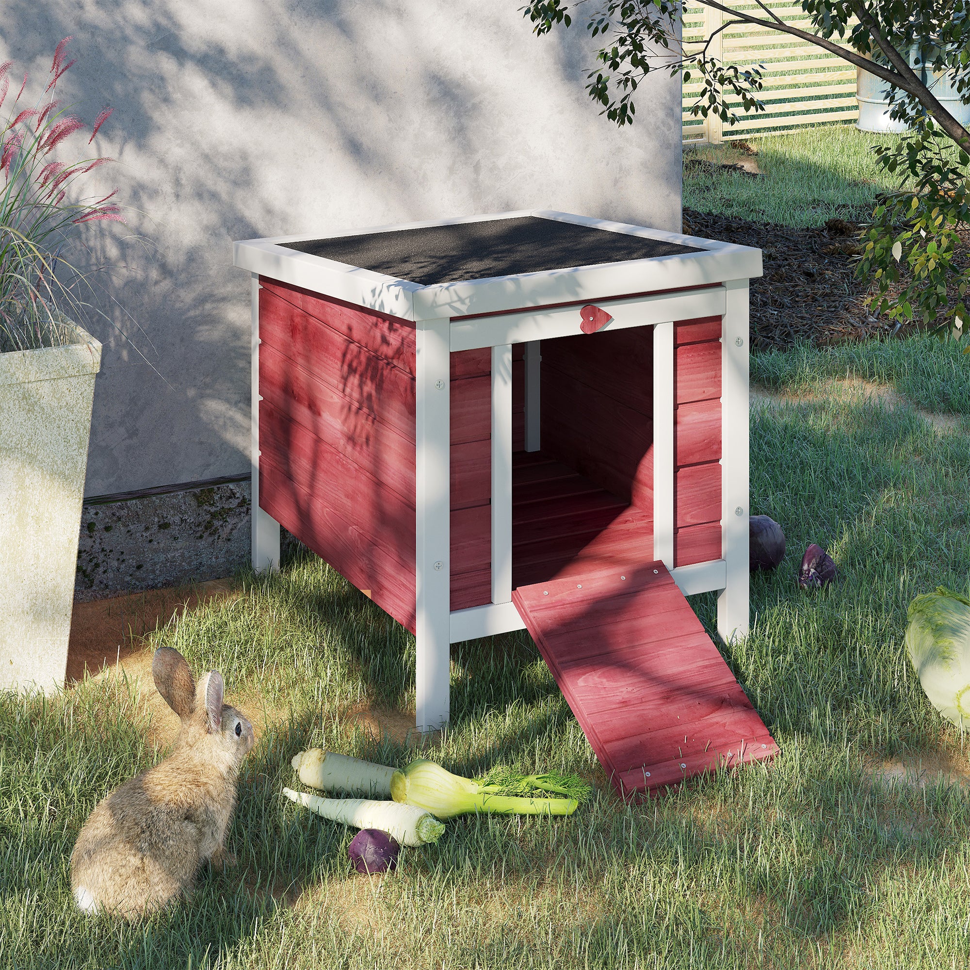 PawHut Wooden Rabbit Hutch Outdoor, Guinea Pig Hutch, Rabbit Hideaway, Cat House, Bunny Cage Small Animal House 51 x 42 x 43 cm, Red
