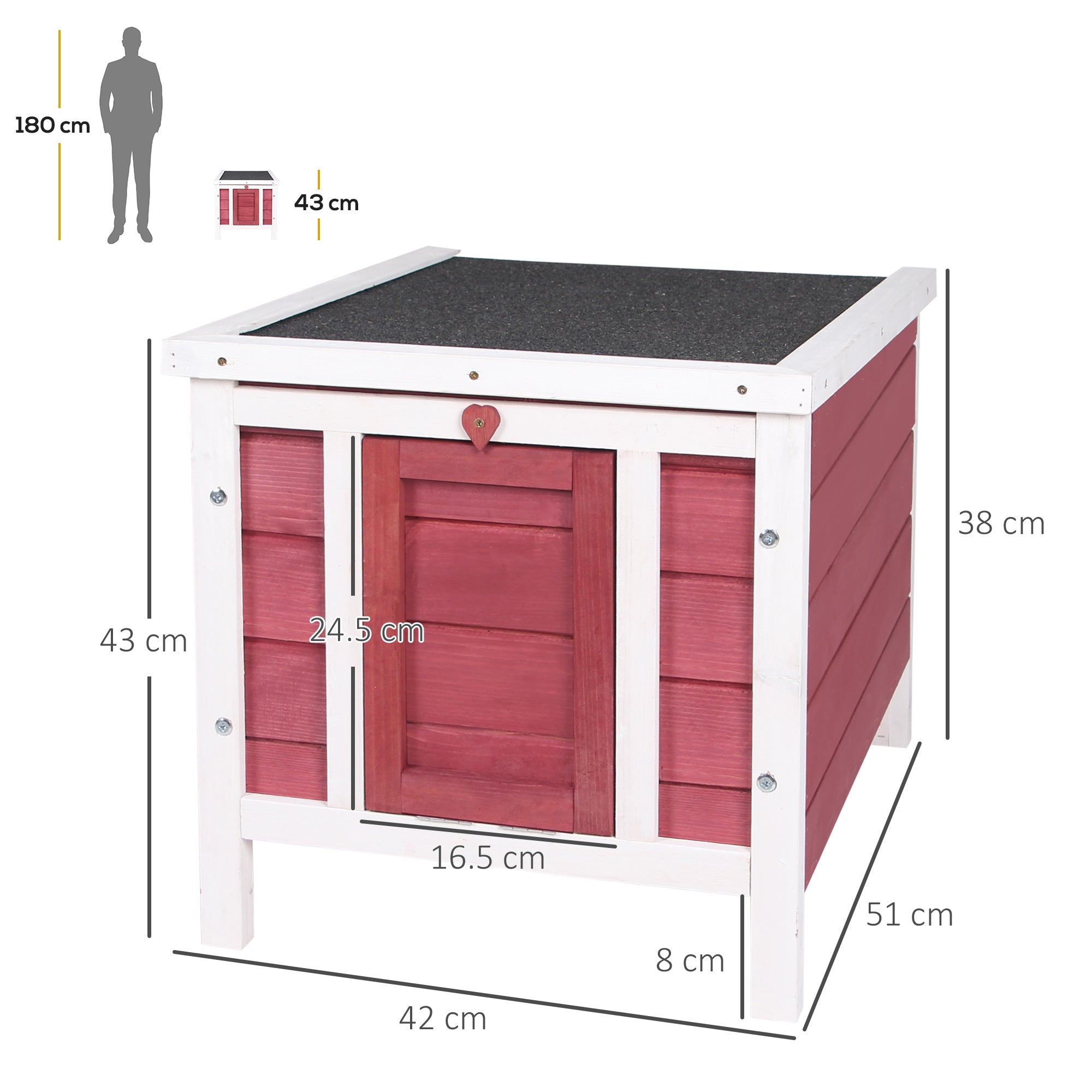 PawHut Wooden Rabbit Hutch Outdoor, Guinea Pig Hutch, Rabbit Hideaway, Cat House, Bunny Cage Small Animal House 51 x 42 x 43 cm, Red