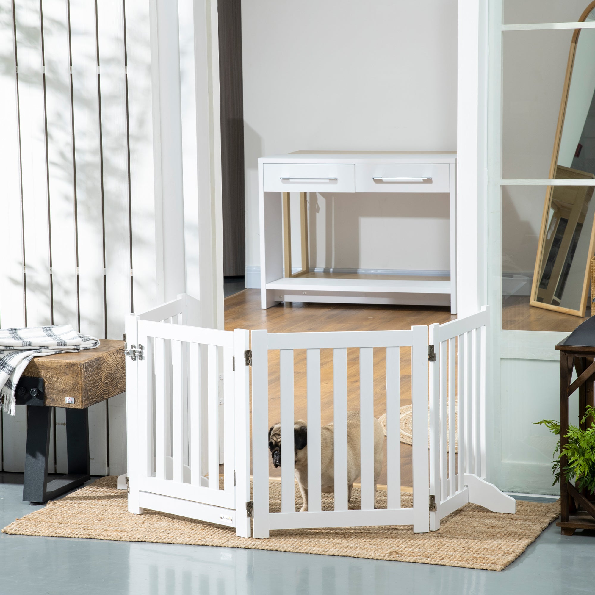 PawHut Foldable Dog Gate with Door, 4 Panels Freestanding Pet Gate with Support Feet Indoor Playpen for Small Dogs and Below, White