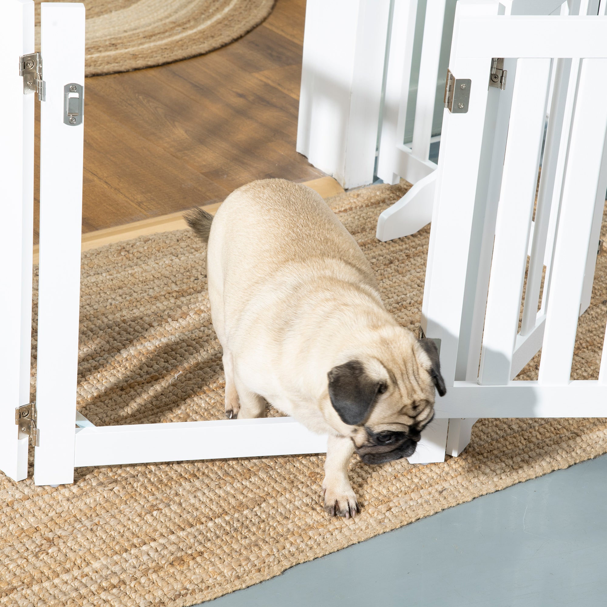 PawHut Foldable Dog Gate with Door, 4 Panels Freestanding Pet Gate with Support Feet Indoor Playpen for Small Dogs and Below, White