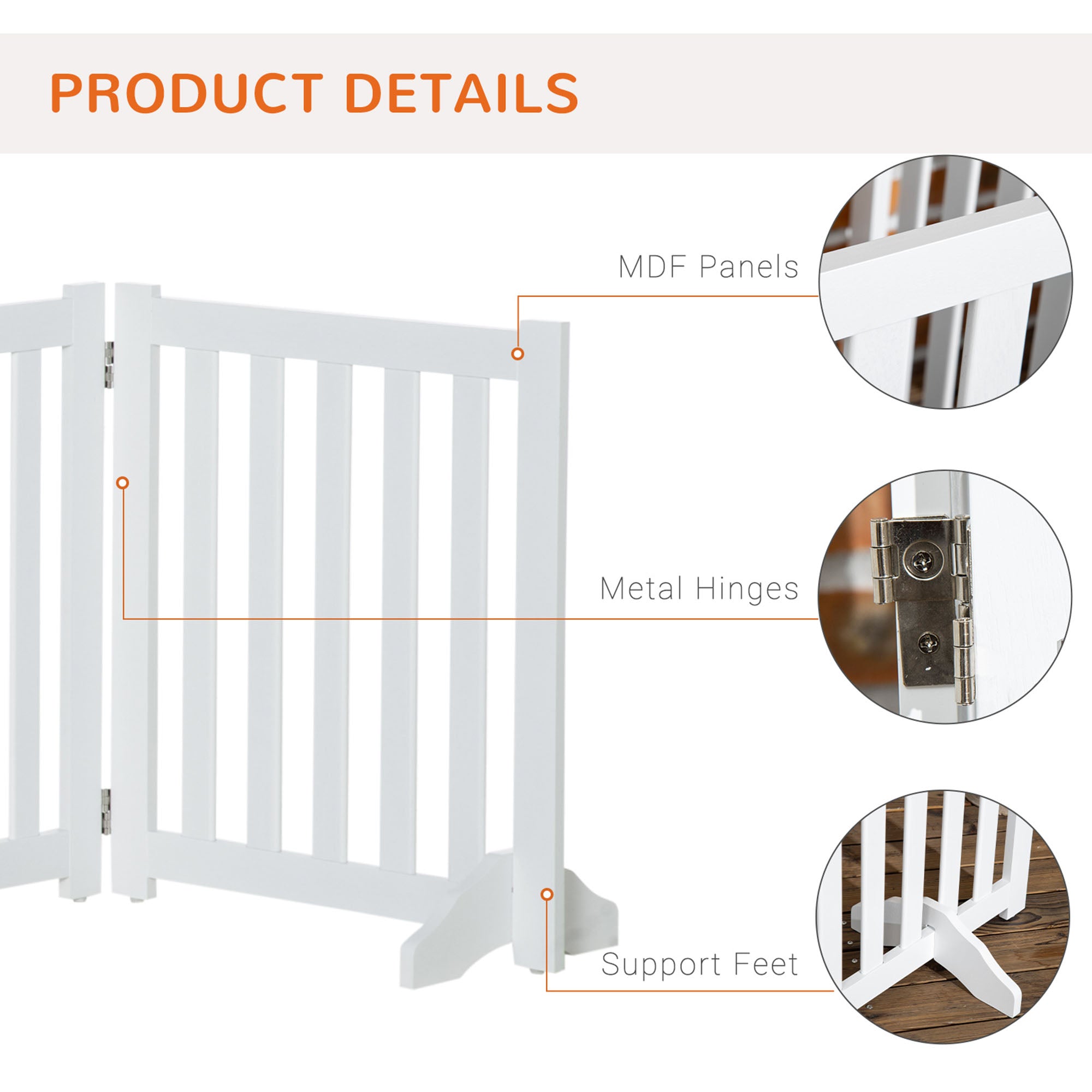 PawHut Foldable Dog Gate with Door, 4 Panels Freestanding Pet Gate with Support Feet Indoor Playpen for Small Dogs and Below, White
