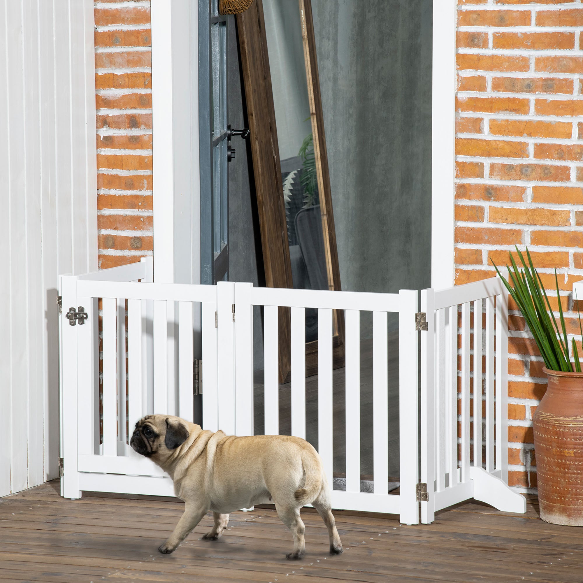 PawHut Foldable Dog Gate with Door, 4 Panels Freestanding Pet Gate with Support Feet Indoor Playpen for Small Dogs and Below, White
