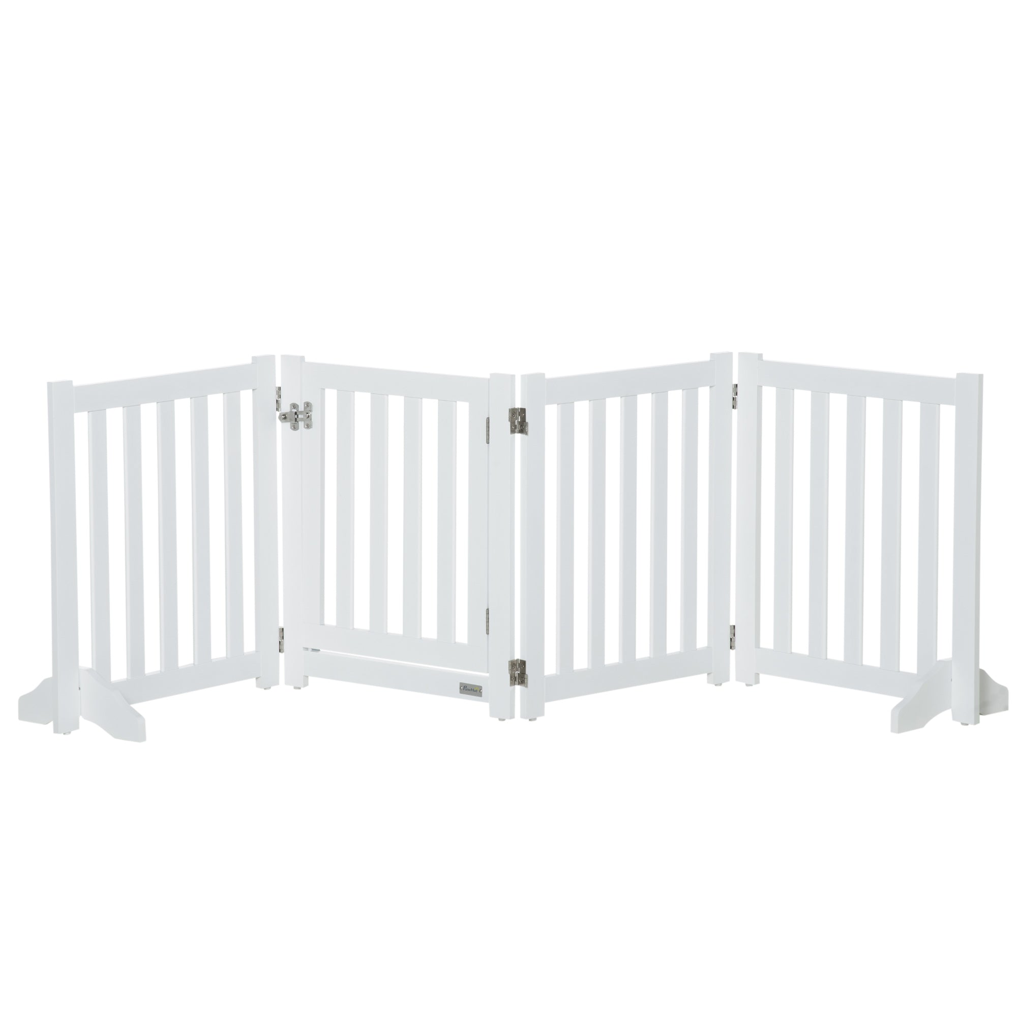 PawHut Foldable Dog Gate with Door, 4 Panels Freestanding Pet Gate with Support Feet Indoor Playpen for Small Dogs and Below, White
