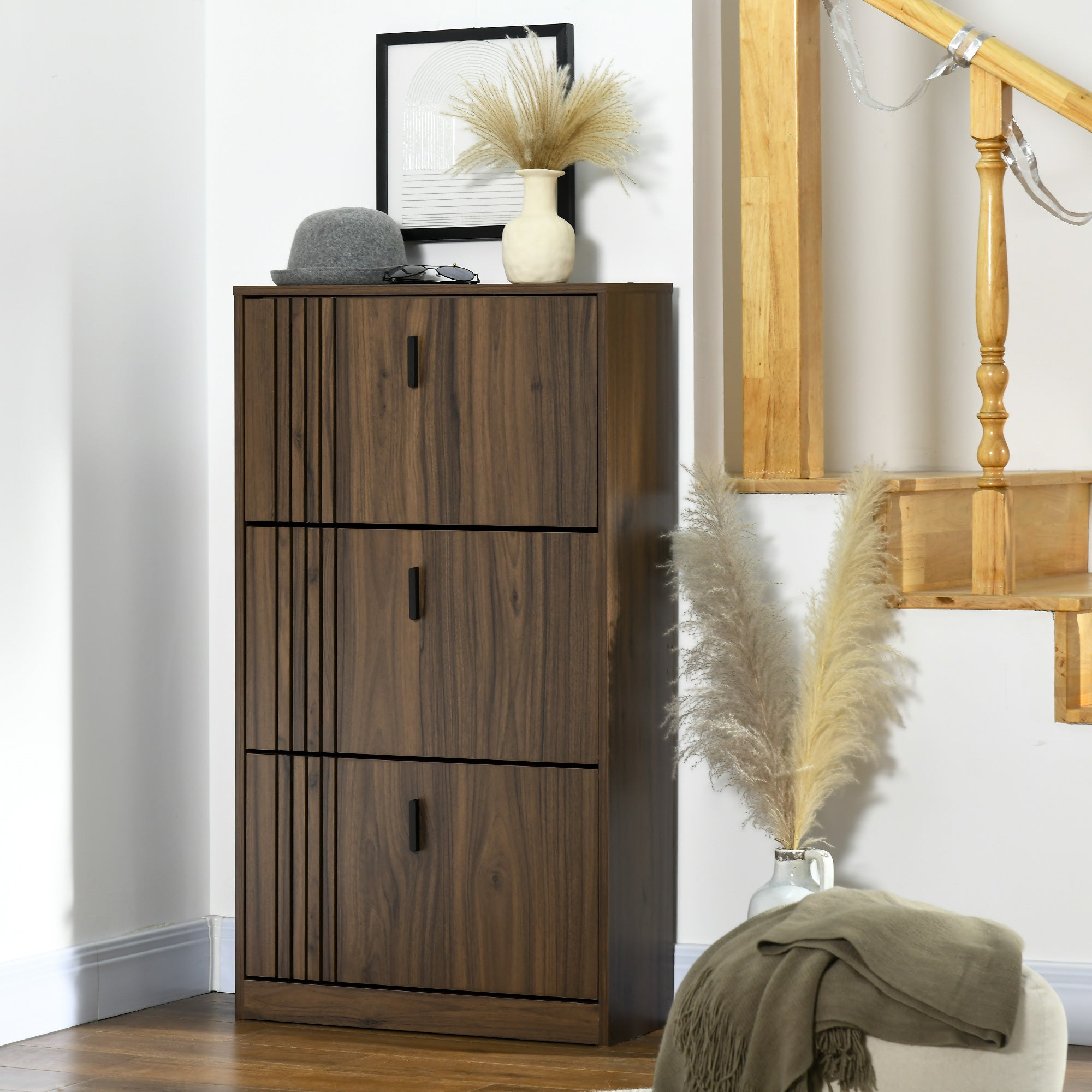 HOMCOM Shoe Cabinet, Rustic Shoe Storage Cabinet with 3 Flip Drawers and Adjustable Shelves for 18 Pairs of Shoes for Entryway, Hallway, Walnut