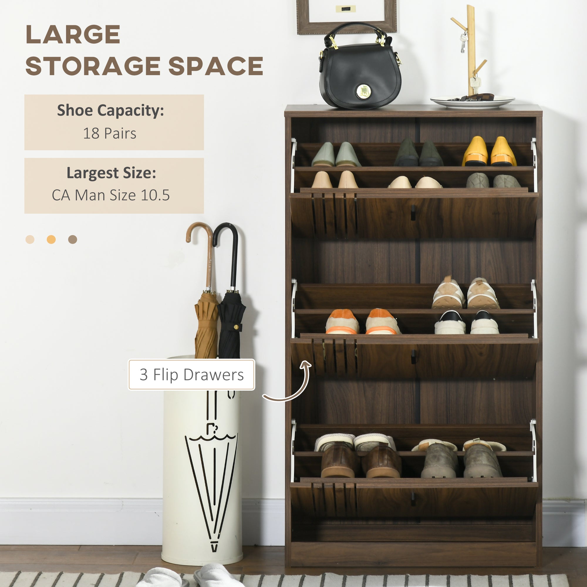 HOMCOM Shoe Cabinet, Rustic Shoe Storage Cabinet with 3 Flip Drawers and Adjustable Shelves for 18 Pairs of Shoes for Entryway, Hallway, Walnut
