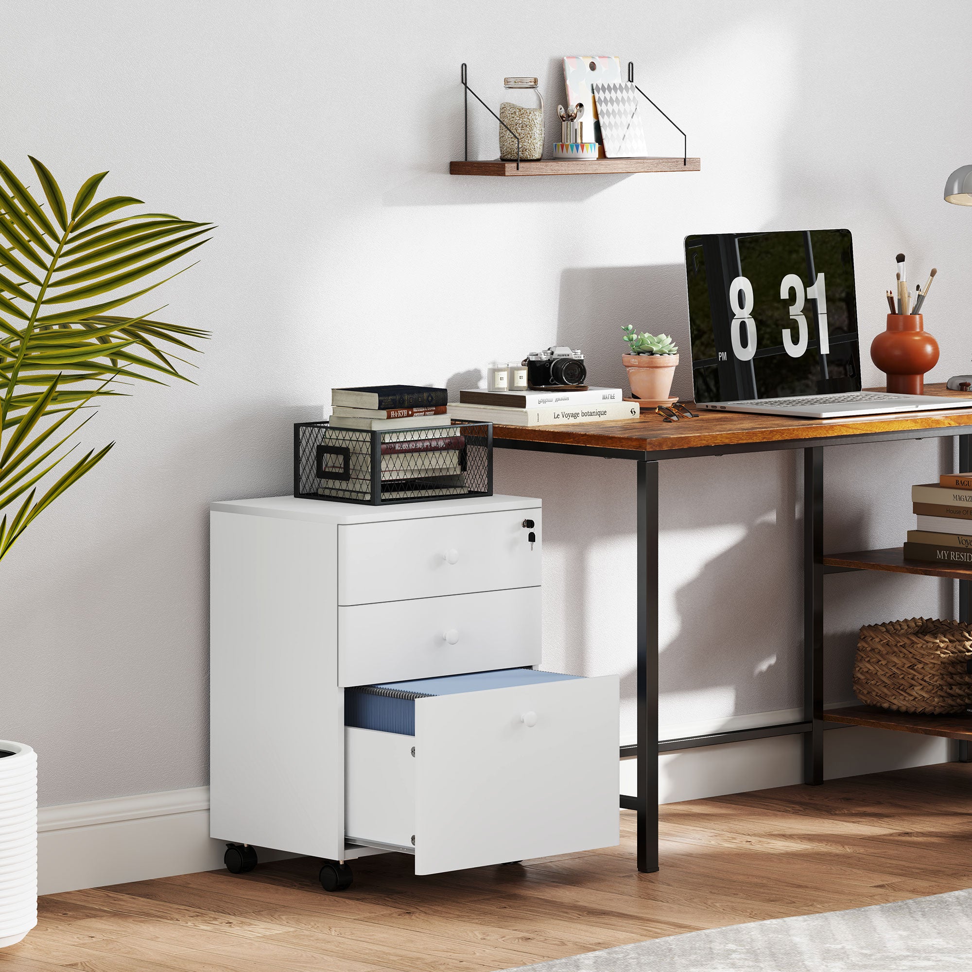 HOMCOM 3 Drawer Filing Cabinet with Lock, Vertical Mobile File Cabinet with Hanging Bar for A4, Letter-Size Files, Home Office, White