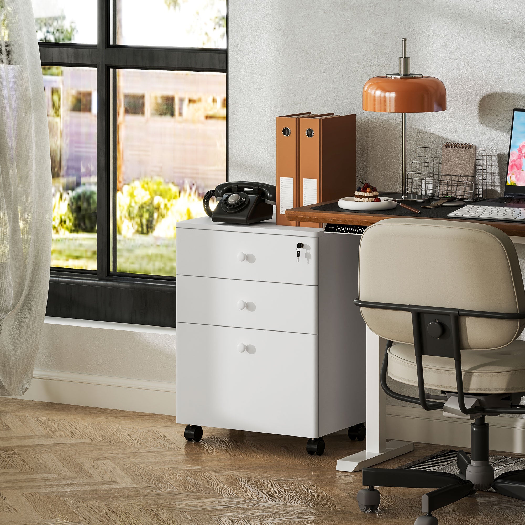 HOMCOM 3 Drawer Filing Cabinet with Lock, Vertical Mobile File Cabinet with Hanging Bar for A4, Letter-Size Files, Home Office, White