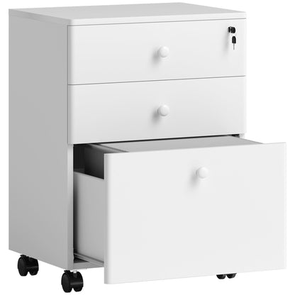 HOMCOM 3 Drawer Filing Cabinet with Lock, Vertical Mobile File Cabinet with Hanging Bar for A4, Letter-Size Files, Home Office, White