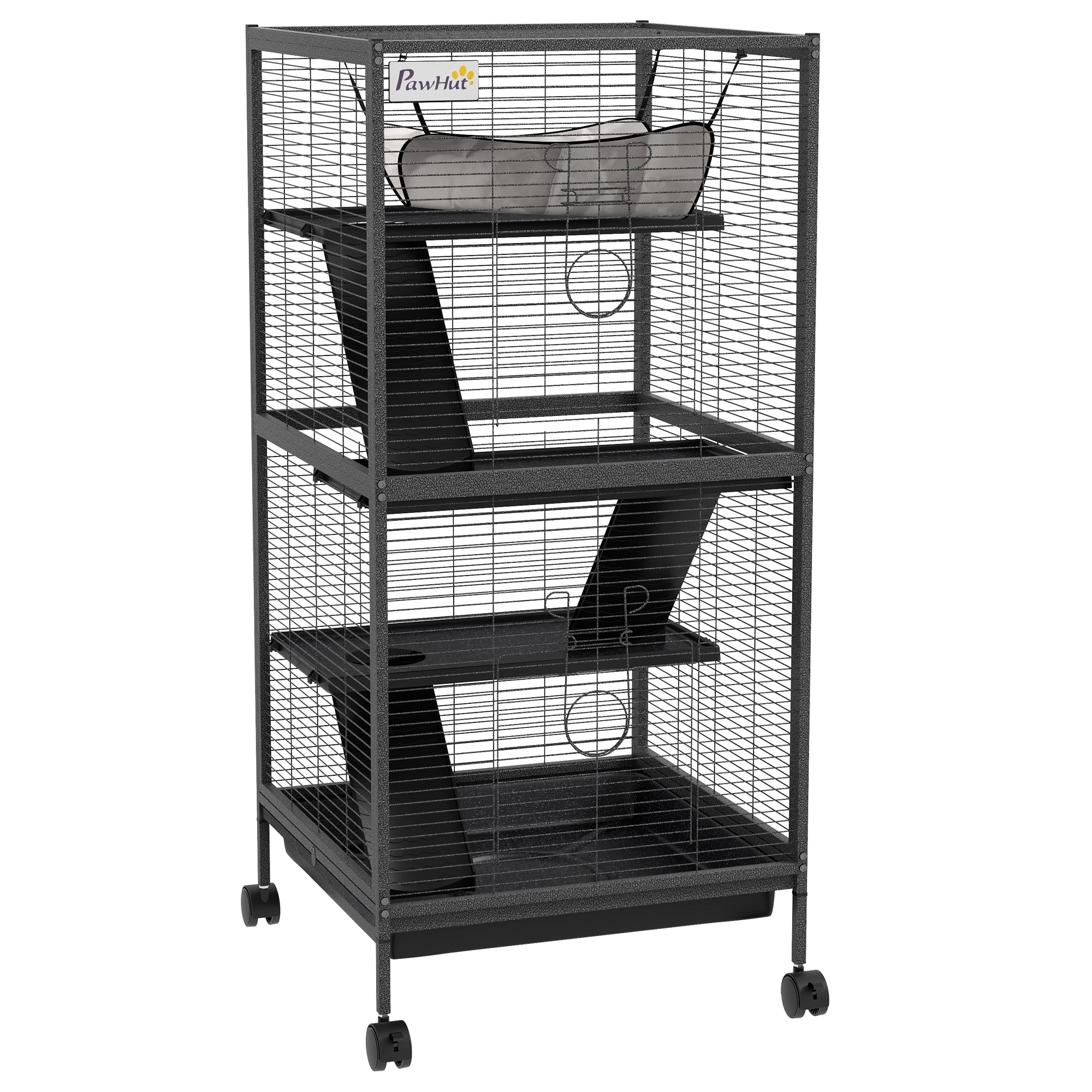 PawHut 4-Tier Rolling Small Animal Cage, Deluxe Guinea Pig Cage, Ferret Cage for Mink Chinchilla Kitten Rabbit, Small Pet Play House with Hammock Platform, Ramp, Removable Tray, Charcoal Grey
