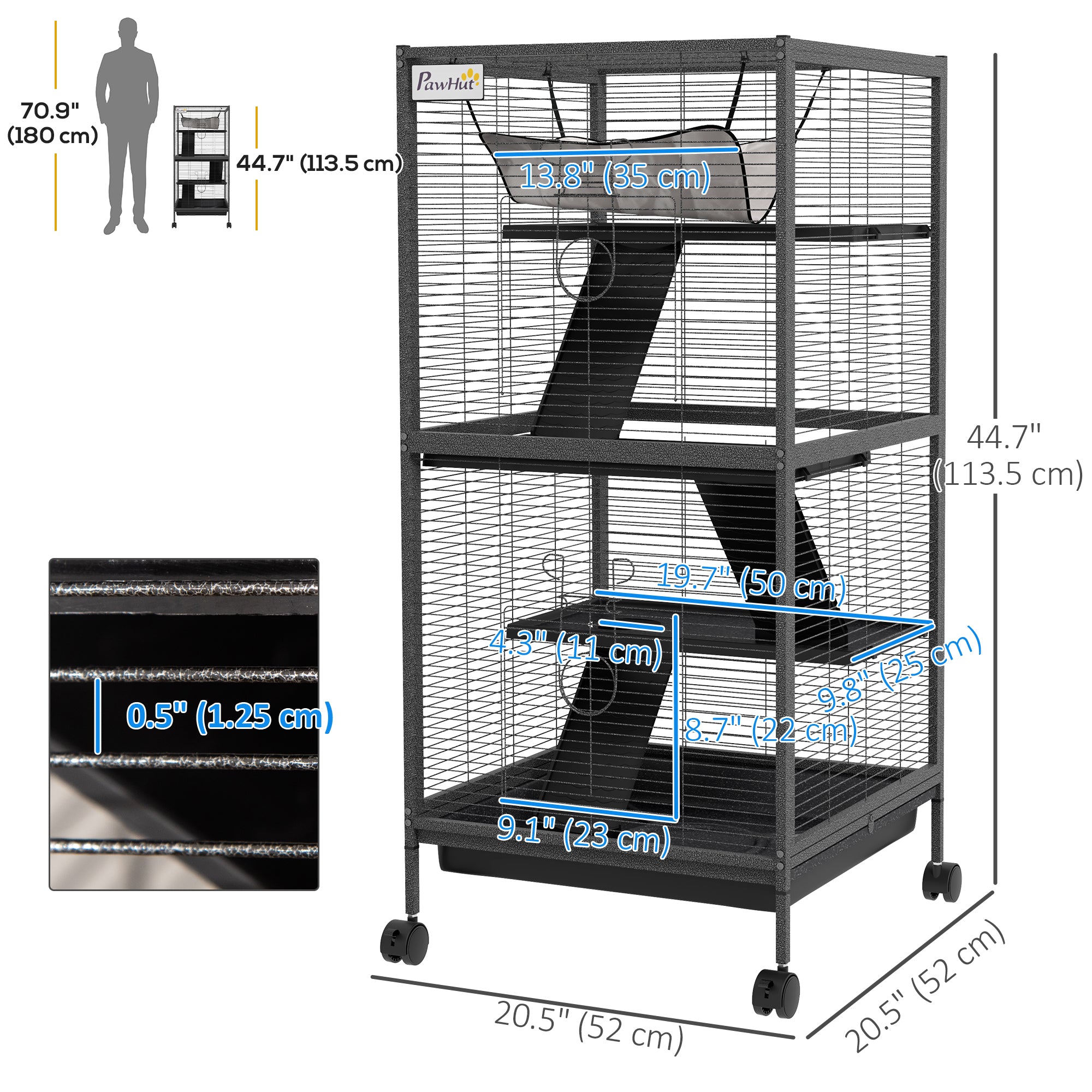 PawHut 4-Tier Rolling Small Animal Cage, Deluxe Guinea Pig Cage, Ferret Cage for Mink Chinchilla Kitten Rabbit, Small Pet Play House with Hammock Platform, Ramp, Removable Tray, Charcoal Grey