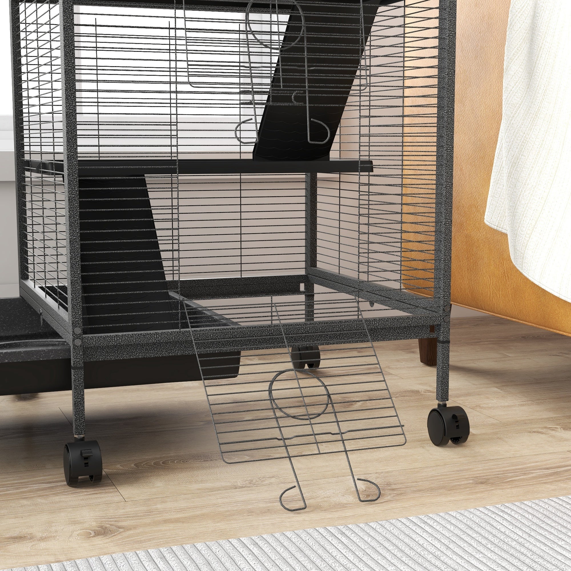 PawHut 4-Tier Rolling Small Animal Cage, Deluxe Guinea Pig Cage, Ferret Cage for Mink Chinchilla Kitten Rabbit, Small Pet Play House with Hammock Platform, Ramp, Removable Tray, Charcoal Grey