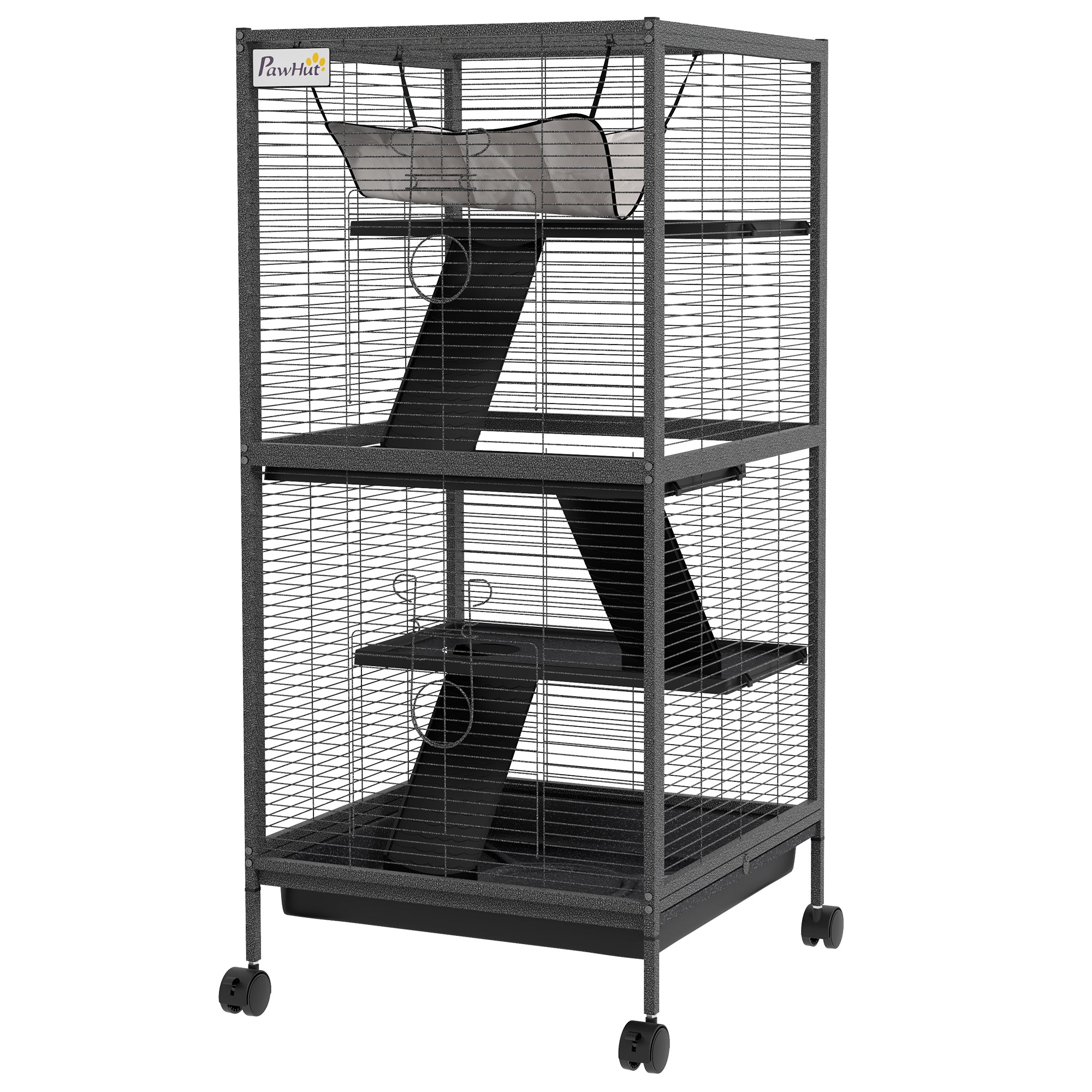 PawHut 4-Tier Rolling Small Animal Cage, Deluxe Guinea Pig Cage, Ferret Cage for Mink Chinchilla Kitten Rabbit, Small Pet Play House with Hammock Platform, Ramp, Removable Tray, Charcoal Grey