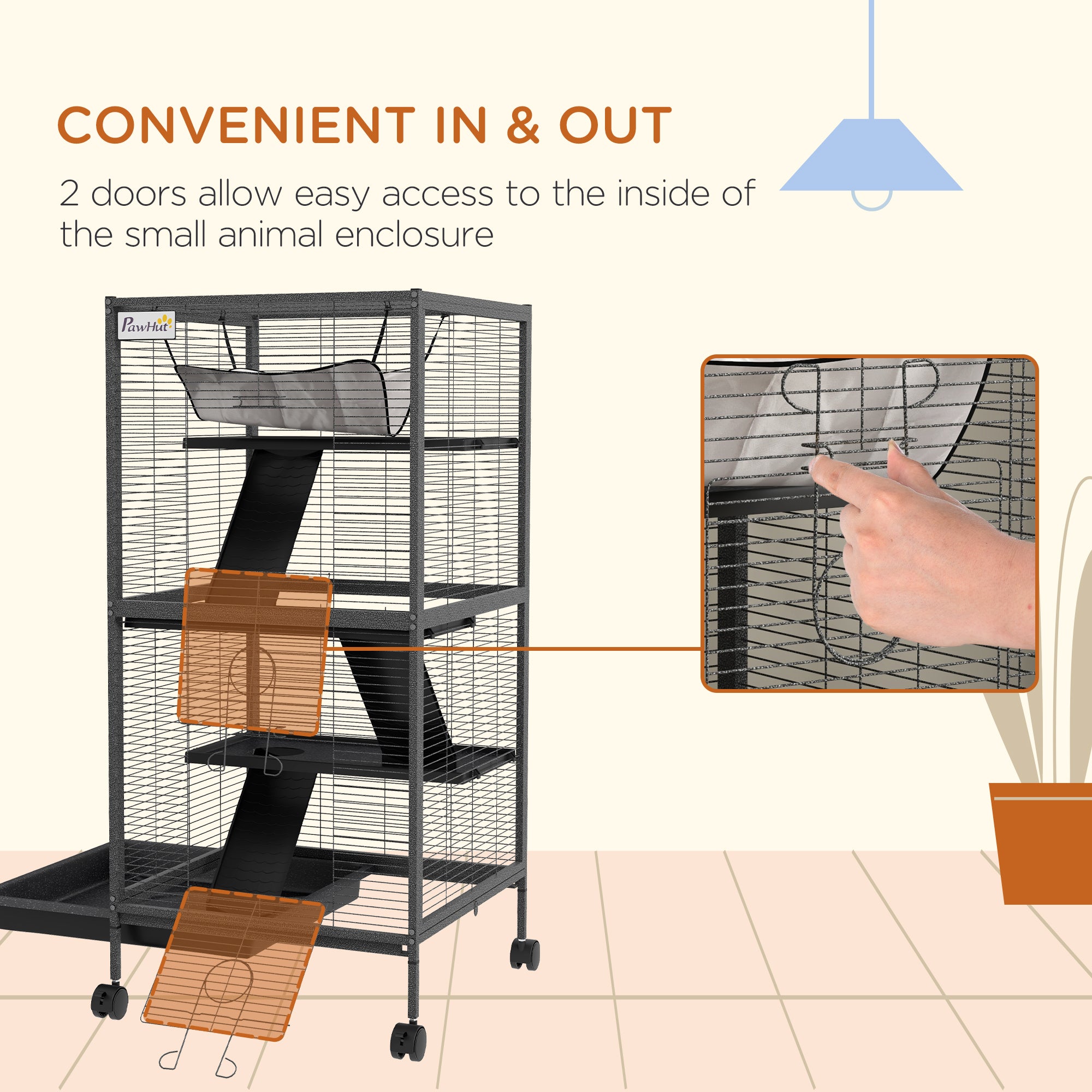 PawHut 4-Tier Rolling Small Animal Cage, Deluxe Guinea Pig Cage, Ferret Cage for Mink Chinchilla Kitten Rabbit, Small Pet Play House with Hammock Platform, Ramp, Removable Tray, Charcoal Grey