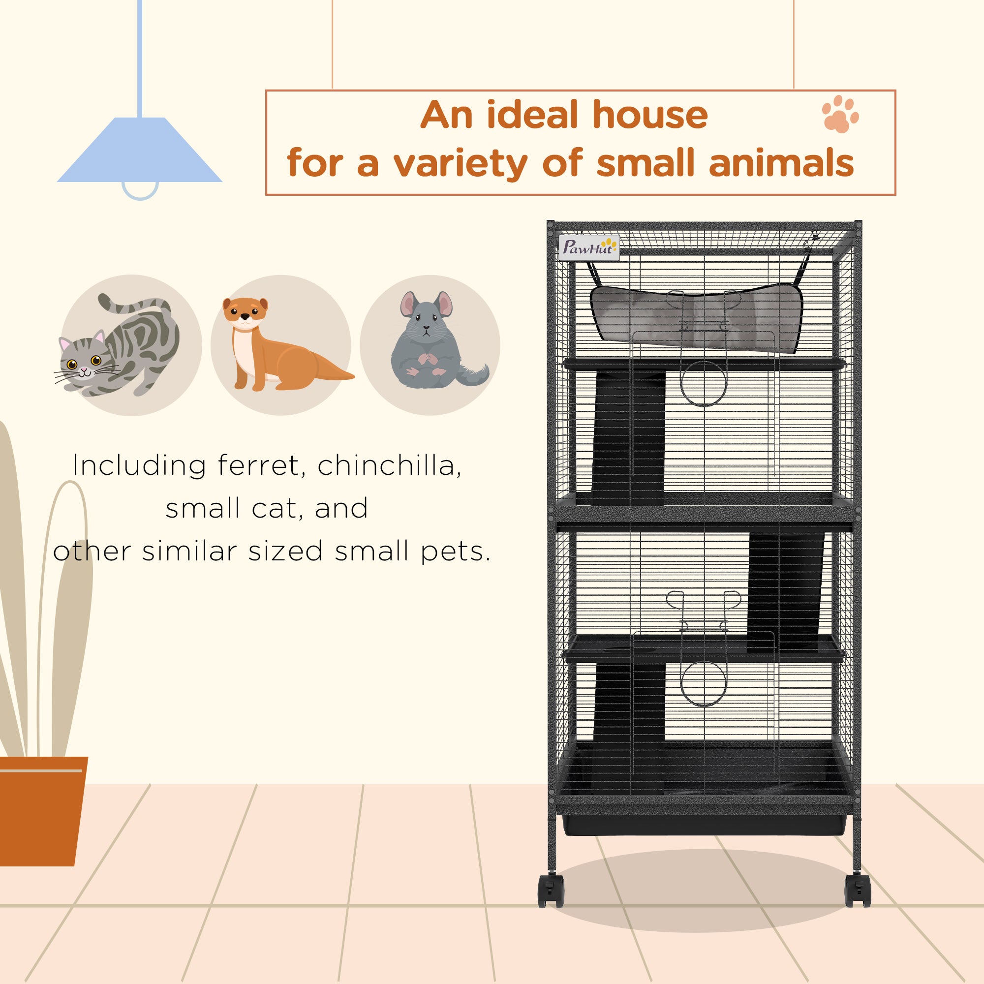 PawHut 4-Tier Rolling Small Animal Cage, Deluxe Guinea Pig Cage, Ferret Cage for Mink Chinchilla Kitten Rabbit, Small Pet Play House with Hammock Platform, Ramp, Removable Tray, Charcoal Grey