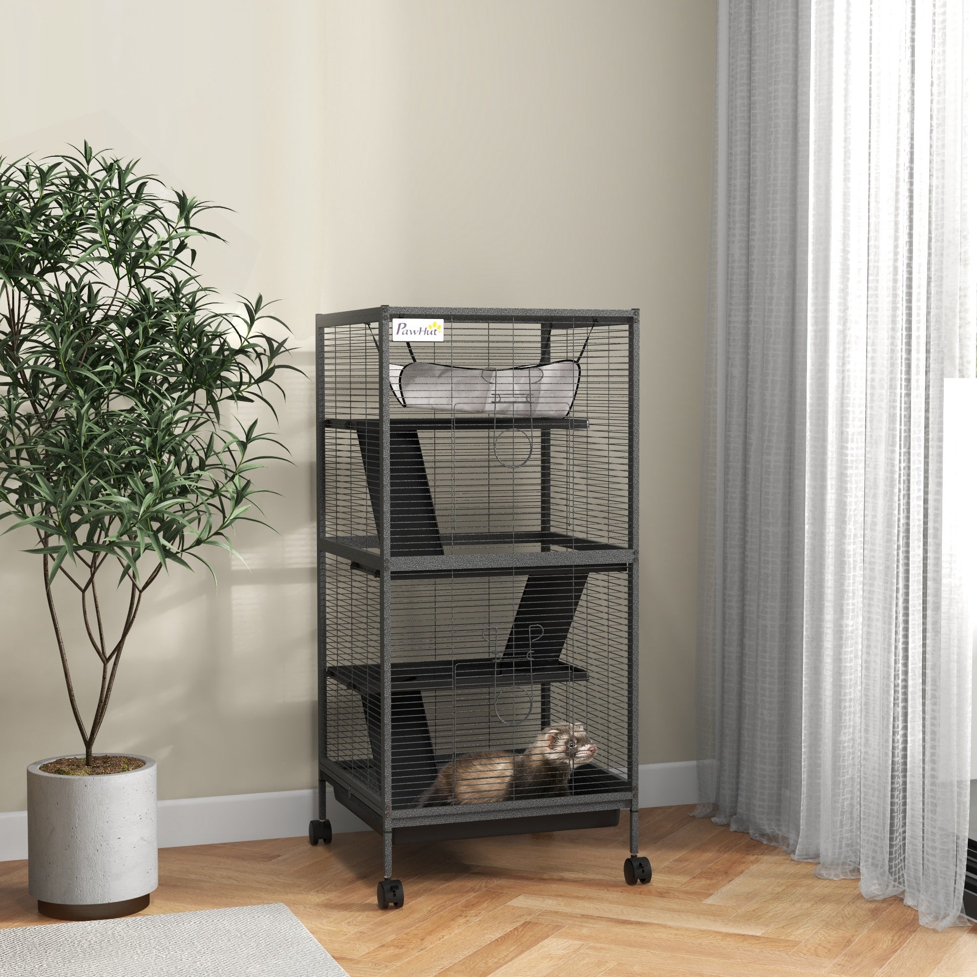 PawHut 4-Tier Rolling Small Animal Cage, Deluxe Guinea Pig Cage, Ferret Cage for Mink Chinchilla Kitten Rabbit, Small Pet Play House with Hammock Platform, Ramp, Removable Tray, Charcoal Grey