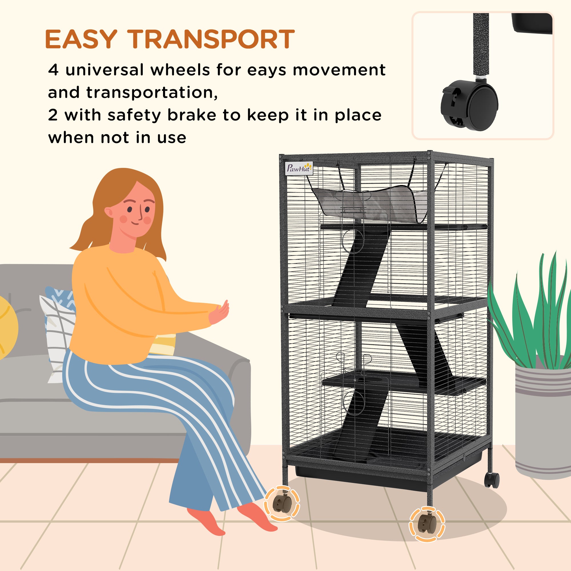 PawHut 4-Tier Rolling Small Animal Cage, Deluxe Guinea Pig Cage, Ferret Cage for Mink Chinchilla Kitten Rabbit, Small Pet Play House with Hammock Platform, Ramp, Removable Tray, Charcoal Grey