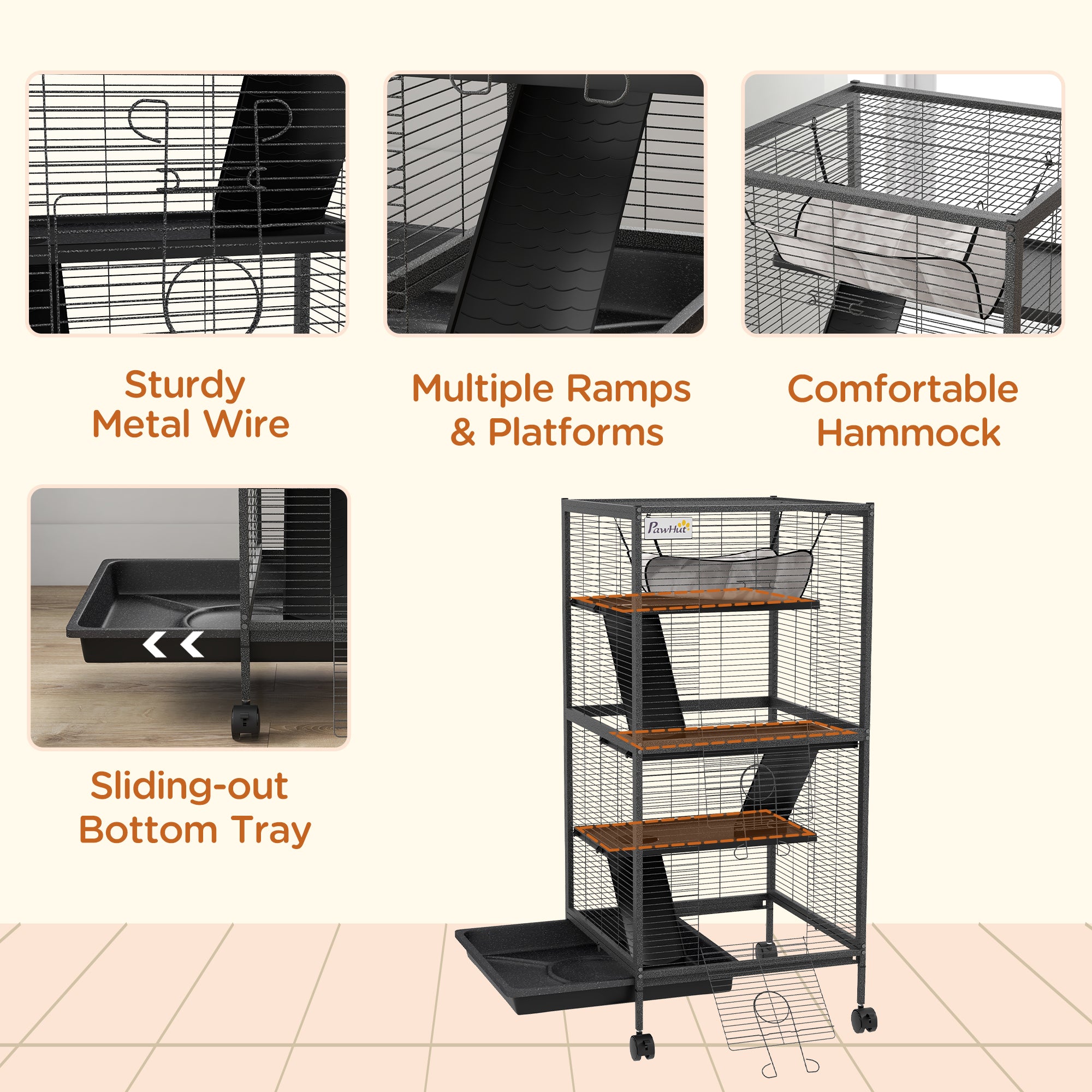 PawHut 4-Tier Rolling Small Animal Cage, Deluxe Guinea Pig Cage, Ferret Cage for Mink Chinchilla Kitten Rabbit, Small Pet Play House with Hammock Platform, Ramp, Removable Tray, Charcoal Grey