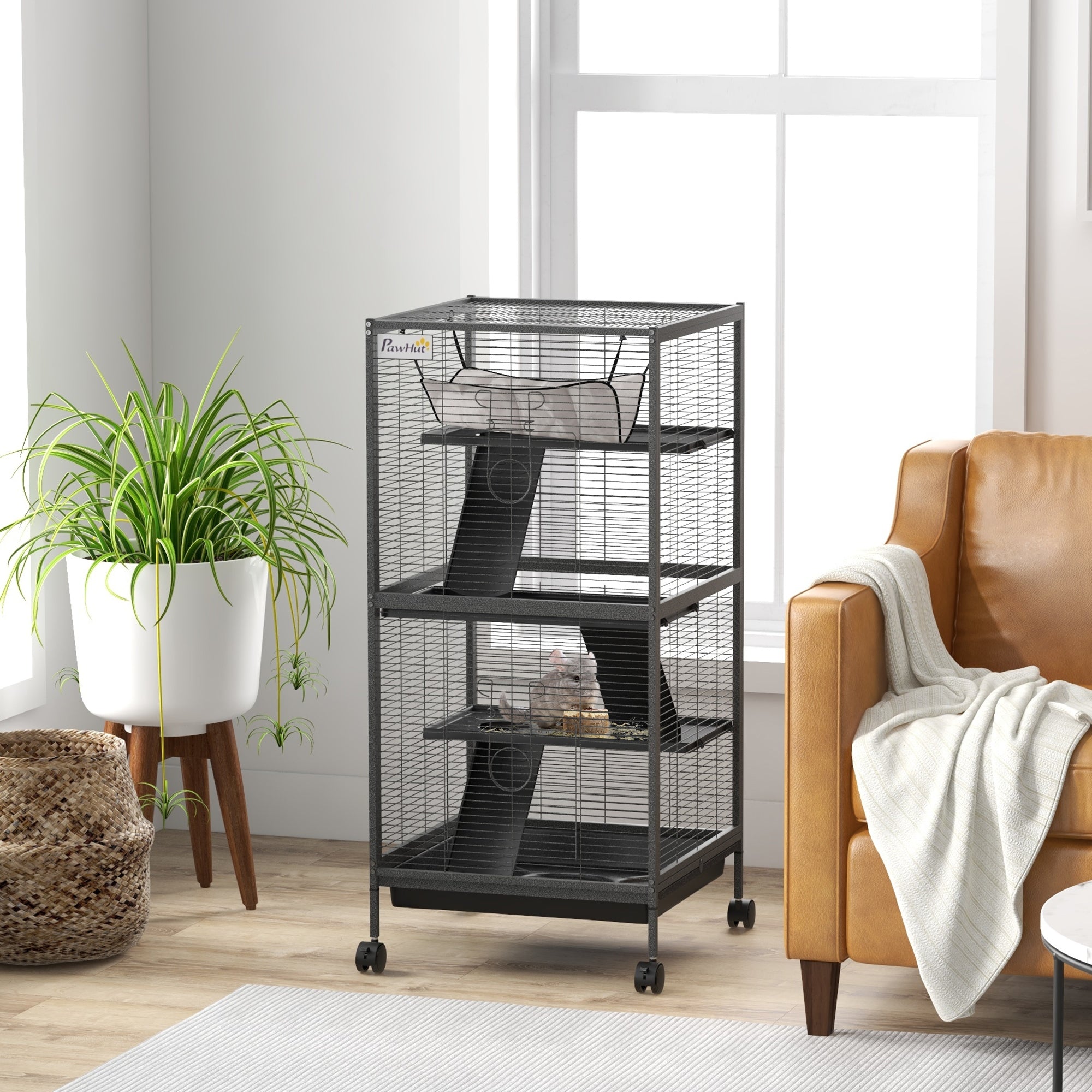 PawHut 4-Tier Rolling Small Animal Cage, Deluxe Guinea Pig Cage, Ferret Cage for Mink Chinchilla Kitten Rabbit, Small Pet Play House with Hammock Platform, Ramp, Removable Tray, Charcoal Grey