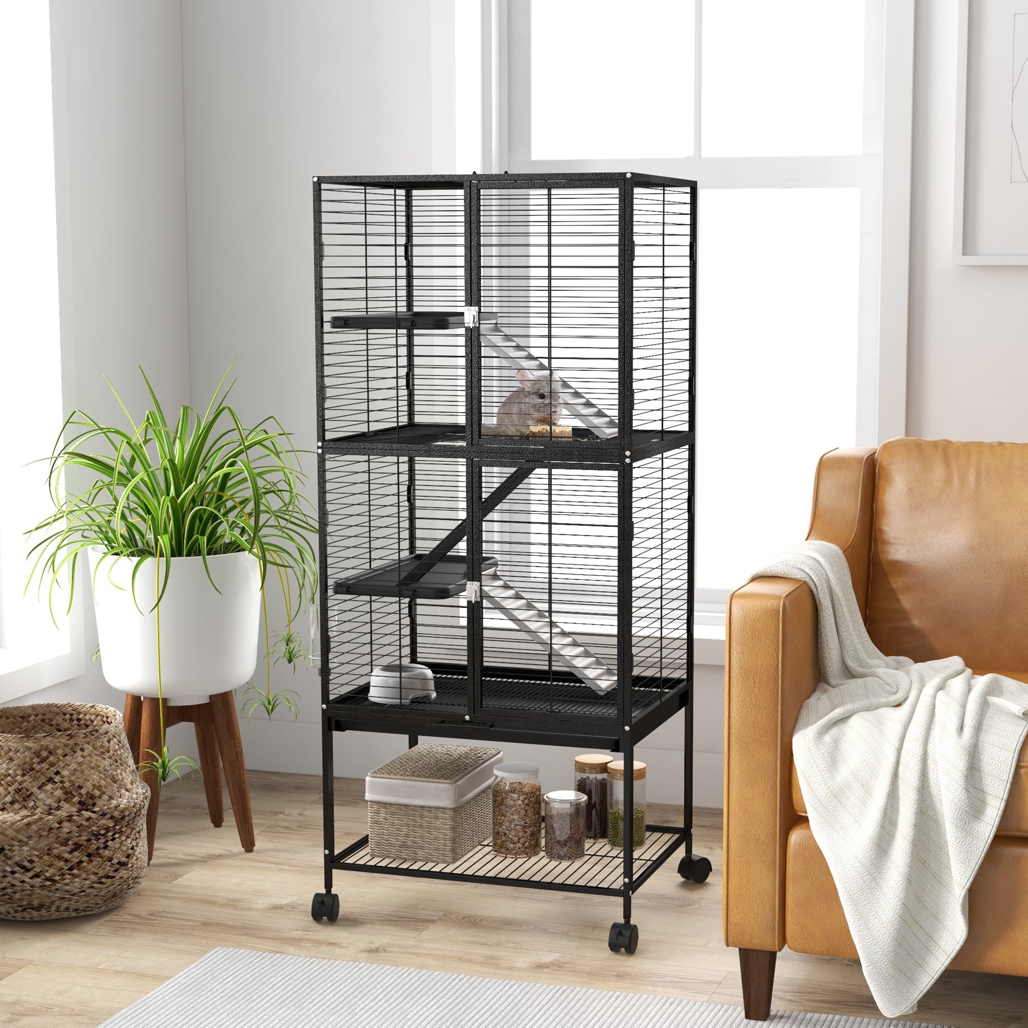 PawHut Small Animal Cage with Wheels, Pet Playpen for Rat, Kitten, Ferrets, Chinchillas with Bottom Storage Shelf, Removable Tray, Ramp, 24.2" x 17.9" x 53.5", Black