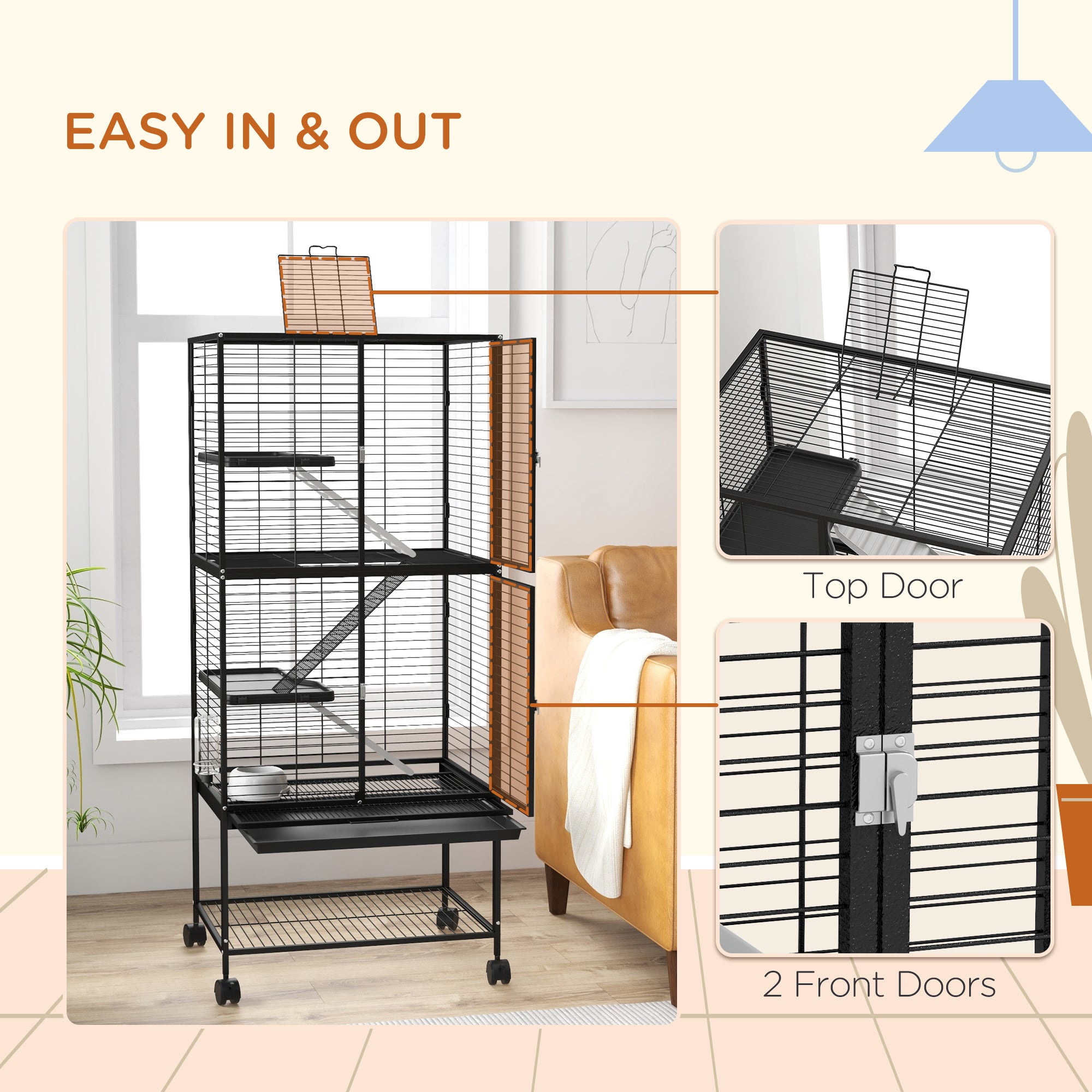 PawHut Small Animal Cage with Wheels, Pet Playpen for Rat, Kitten, Ferrets, Chinchillas with Bottom Storage Shelf, Removable Tray, Ramp, 24.2" x 17.9" x 53.5", Black