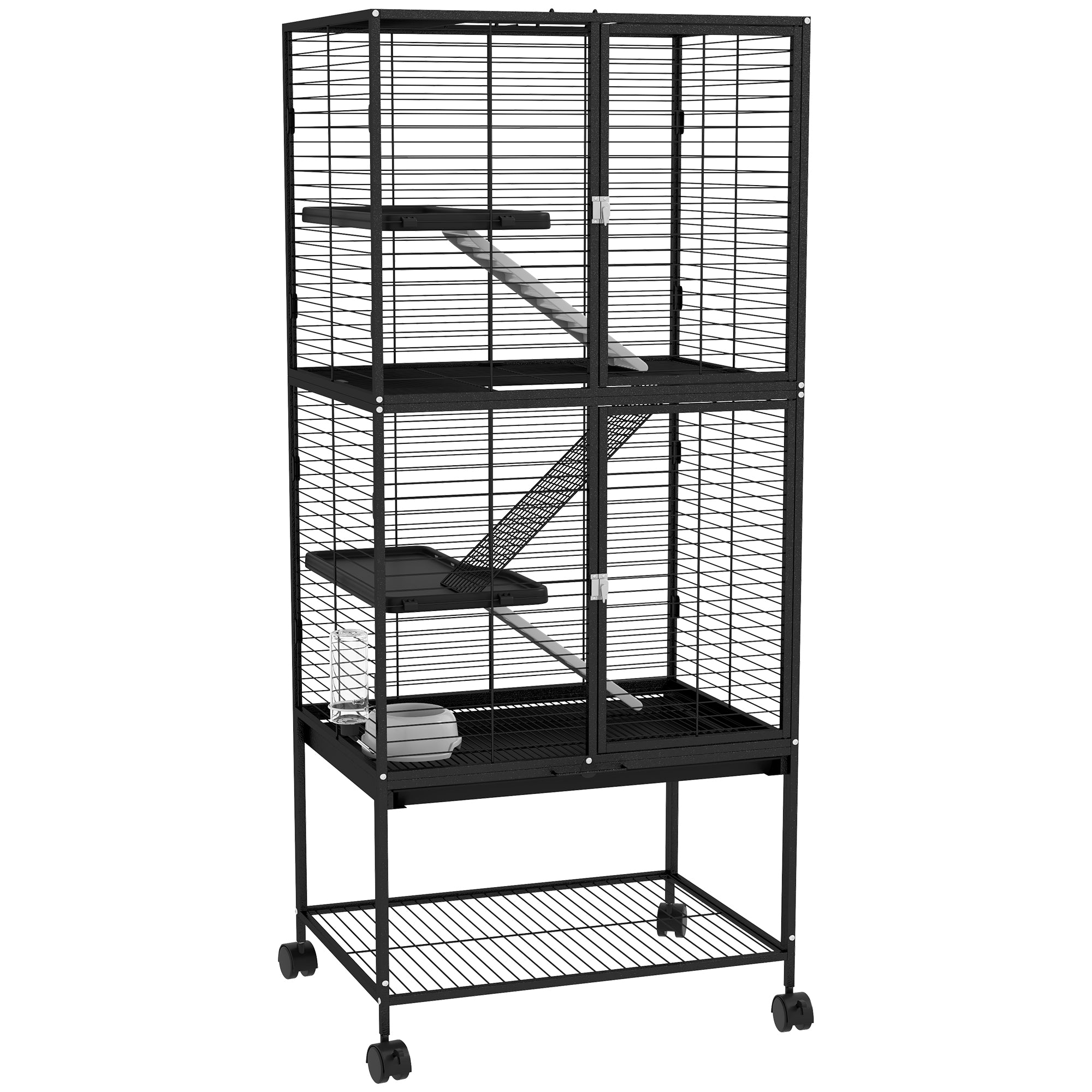 PawHut Small Animal Cage with Wheels, Pet Playpen for Rat, Kitten, Ferrets, Chinchillas with Bottom Storage Shelf, Removable Tray, Ramp, 24.2" x 17.9" x 53.5", Black