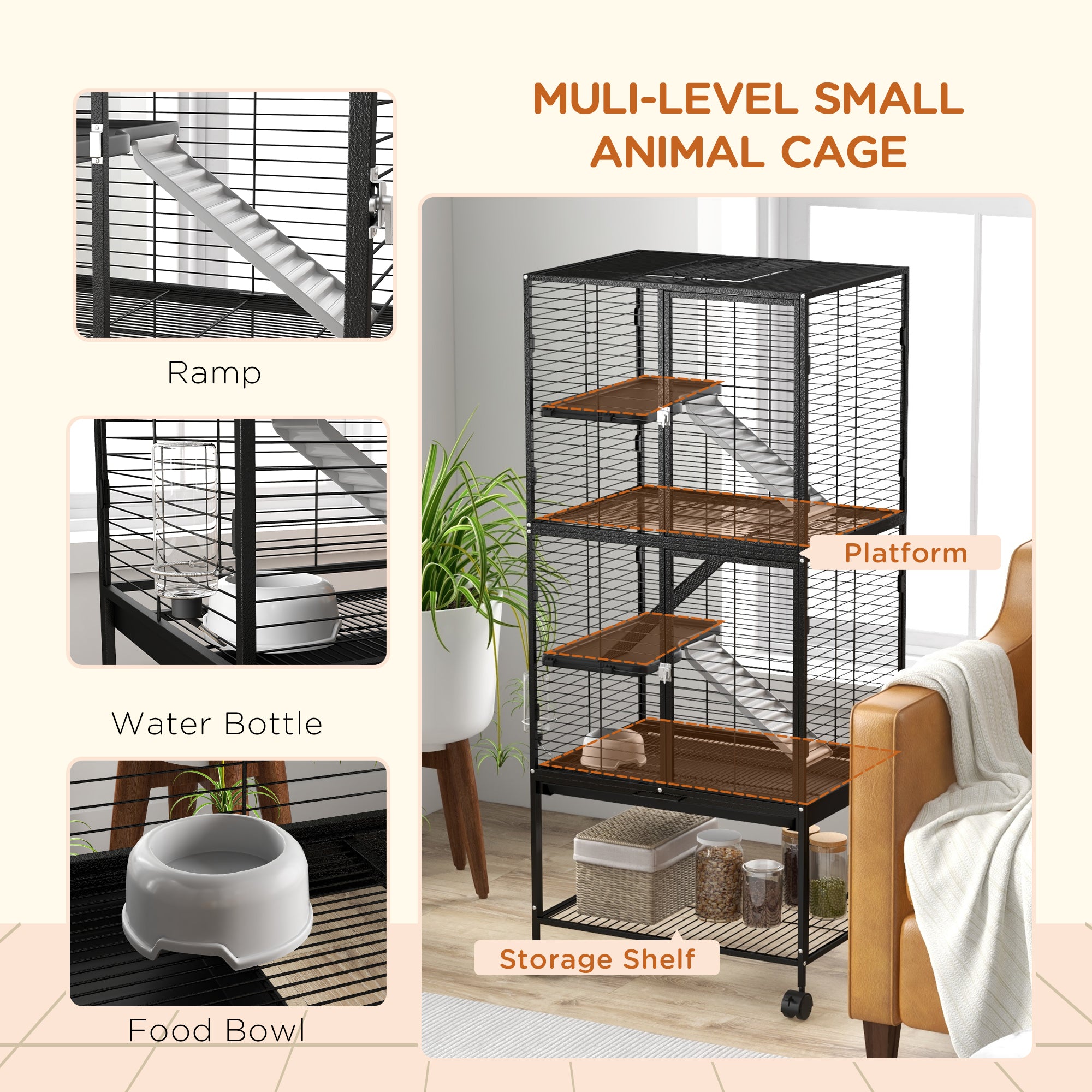 PawHut Small Animal Cage with Wheels, Pet Playpen for Rat, Kitten, Ferrets, Chinchillas with Bottom Storage Shelf, Removable Tray, Ramp, 24.2