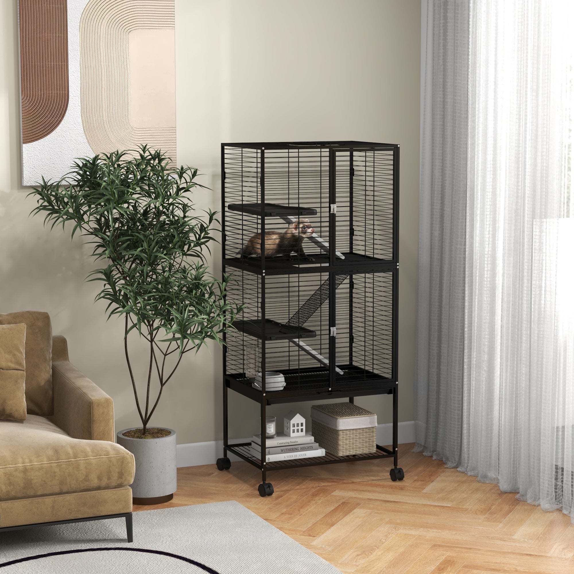 PawHut Small Animal Cage with Wheels, Pet Playpen for Rat, Kitten, Ferrets, Chinchillas with Bottom Storage Shelf, Removable Tray, Ramp, 24.2