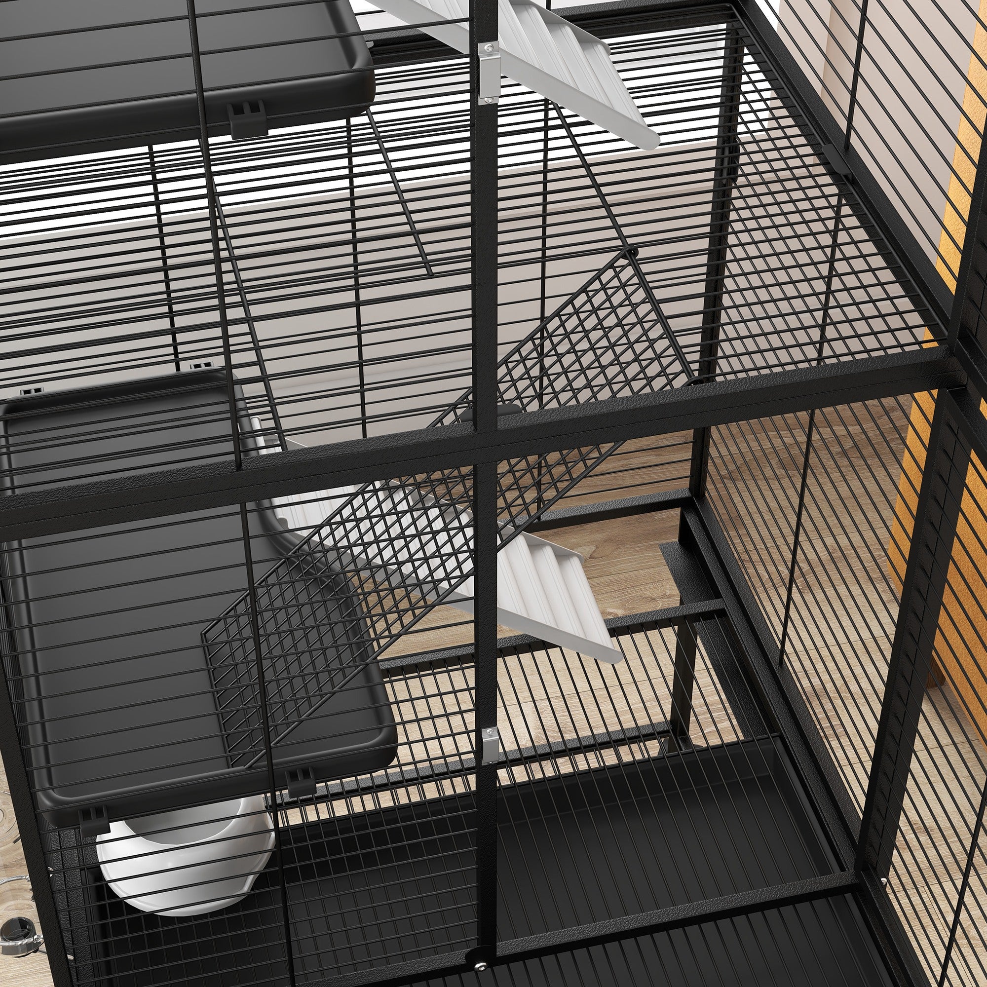 PawHut Small Animal Cage with Wheels, Pet Playpen for Rat, Kitten, Ferrets, Chinchillas with Bottom Storage Shelf, Removable Tray, Ramp, 24.2" x 17.9" x 53.5", Black