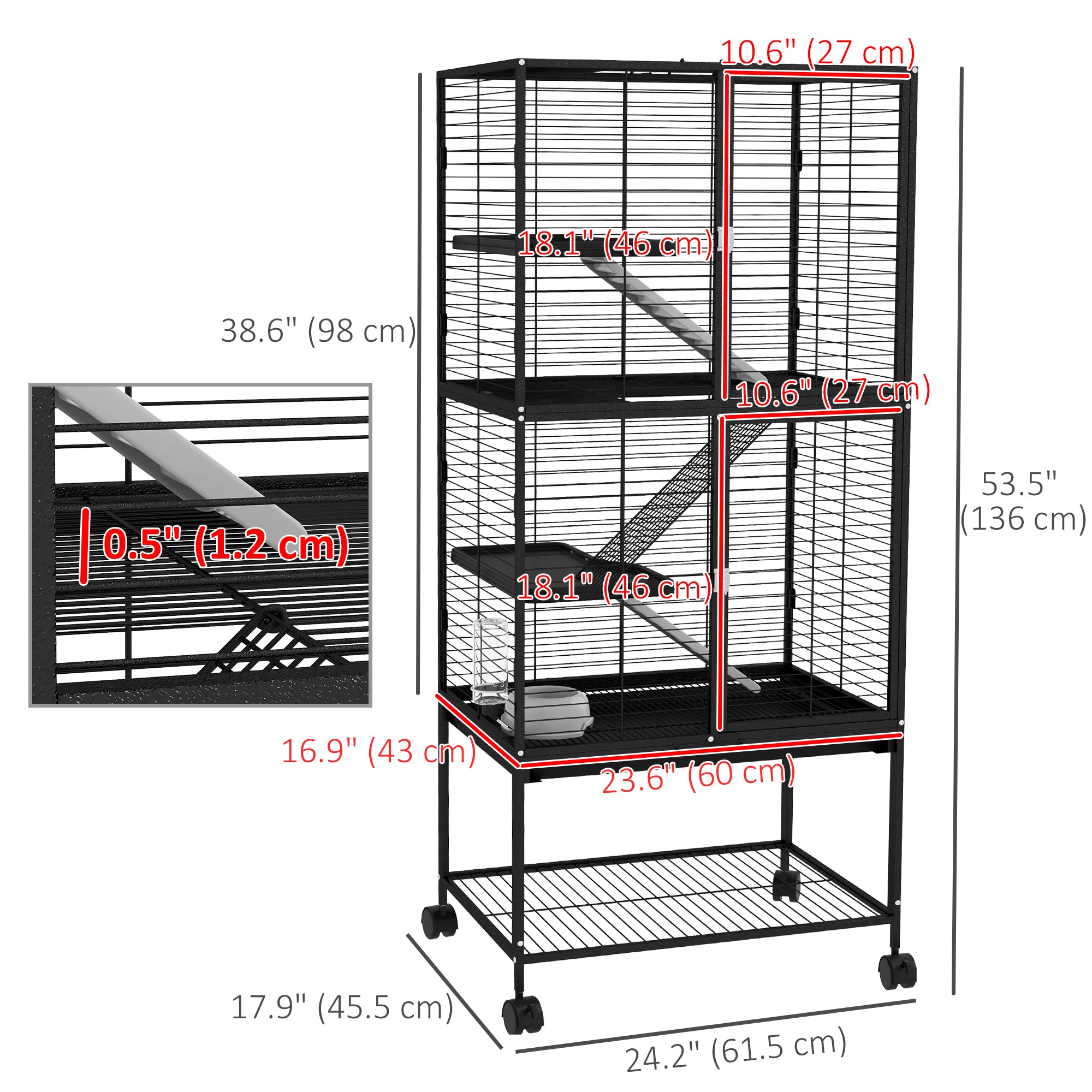 PawHut Small Animal Cage with Wheels, Pet Playpen for Rat, Kitten, Ferrets, Chinchillas with Bottom Storage Shelf, Removable Tray, Ramp, 24.2" x 17.9" x 53.5", Black