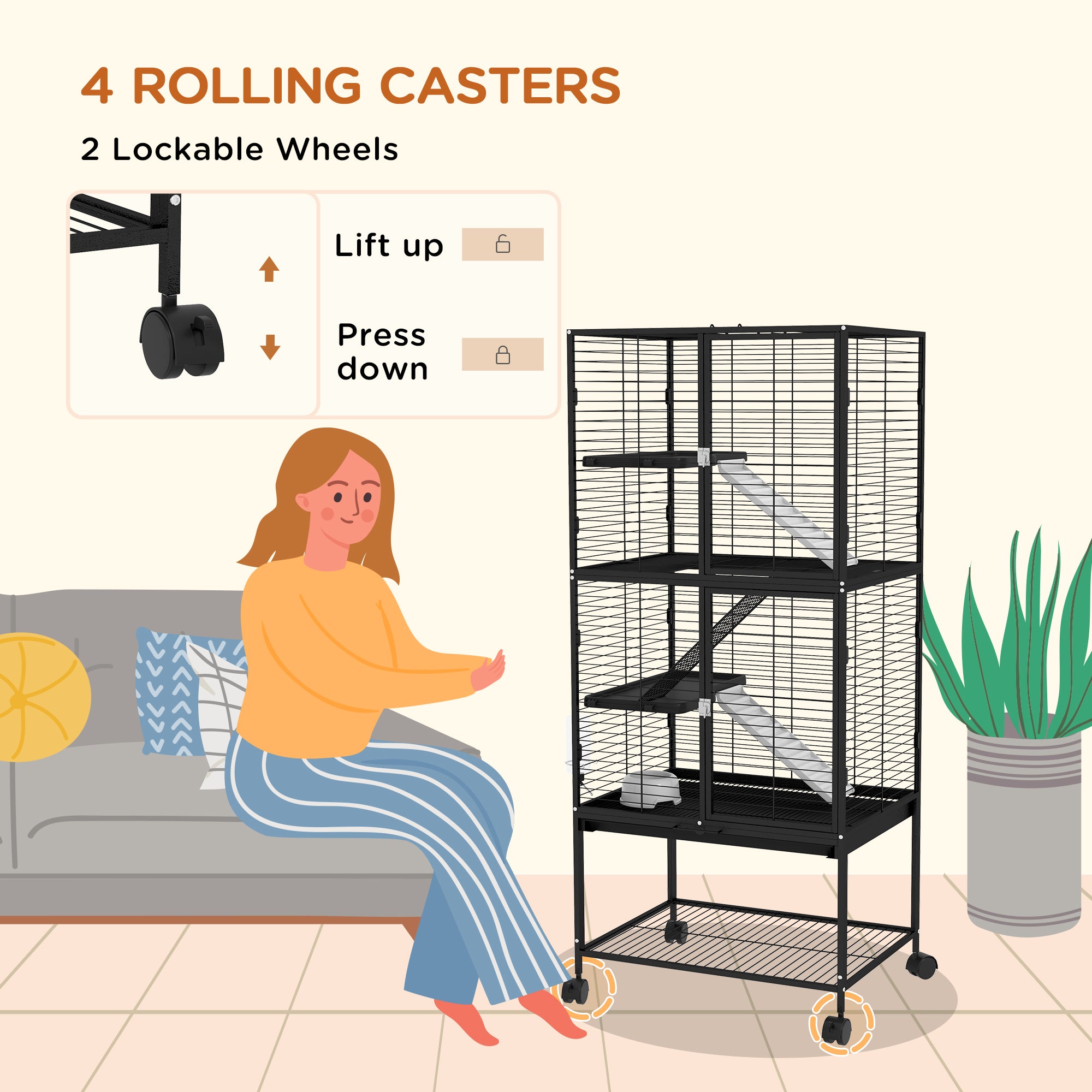 PawHut Small Animal Cage with Wheels, Pet Playpen for Rat, Kitten, Ferrets, Chinchillas with Bottom Storage Shelf, Removable Tray, Ramp, 24.2