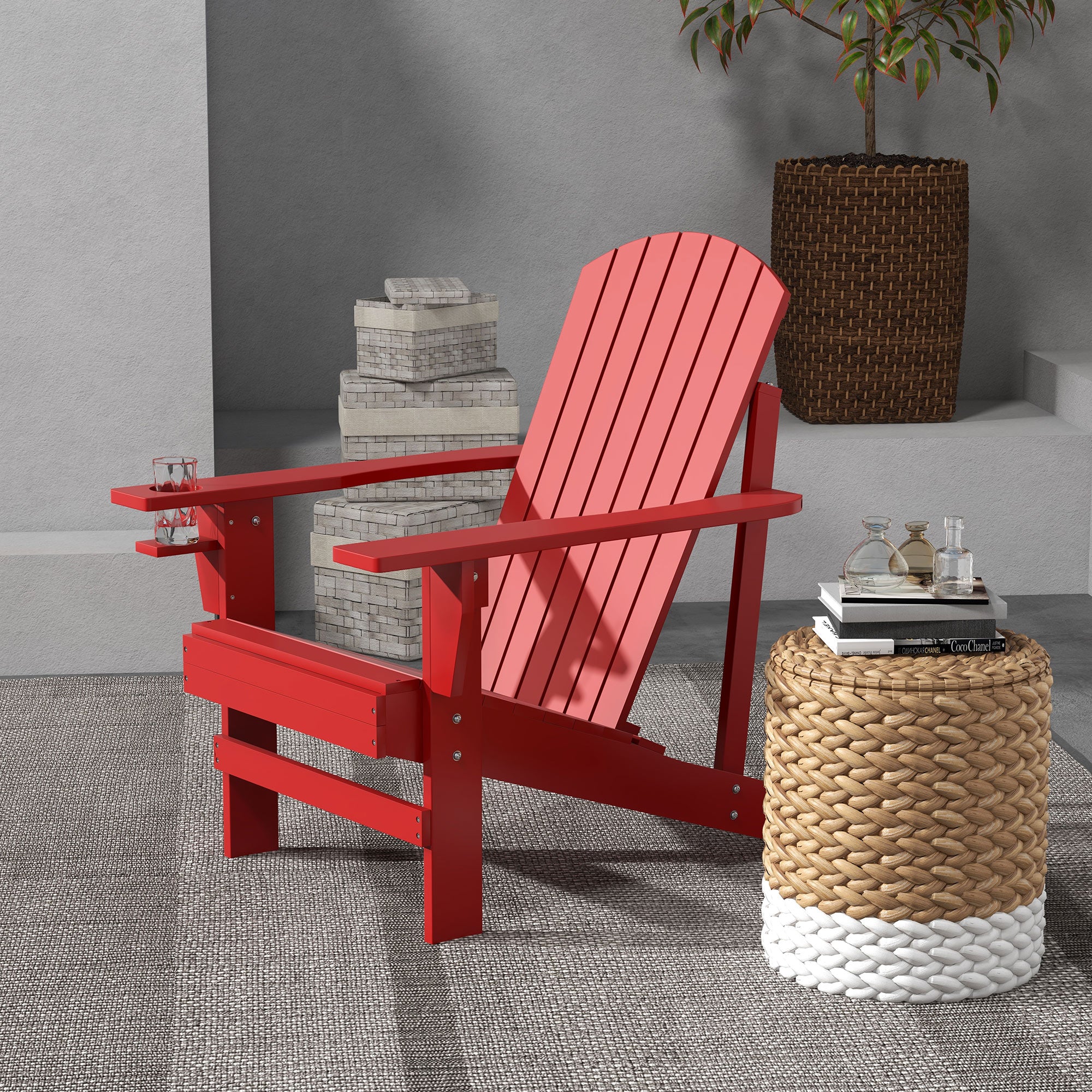Outsunny Classic Adirondack Chair Muskoka Chair, Garden Deck Chair with Cup Holder for Patio, Indoor, Backyard, Red