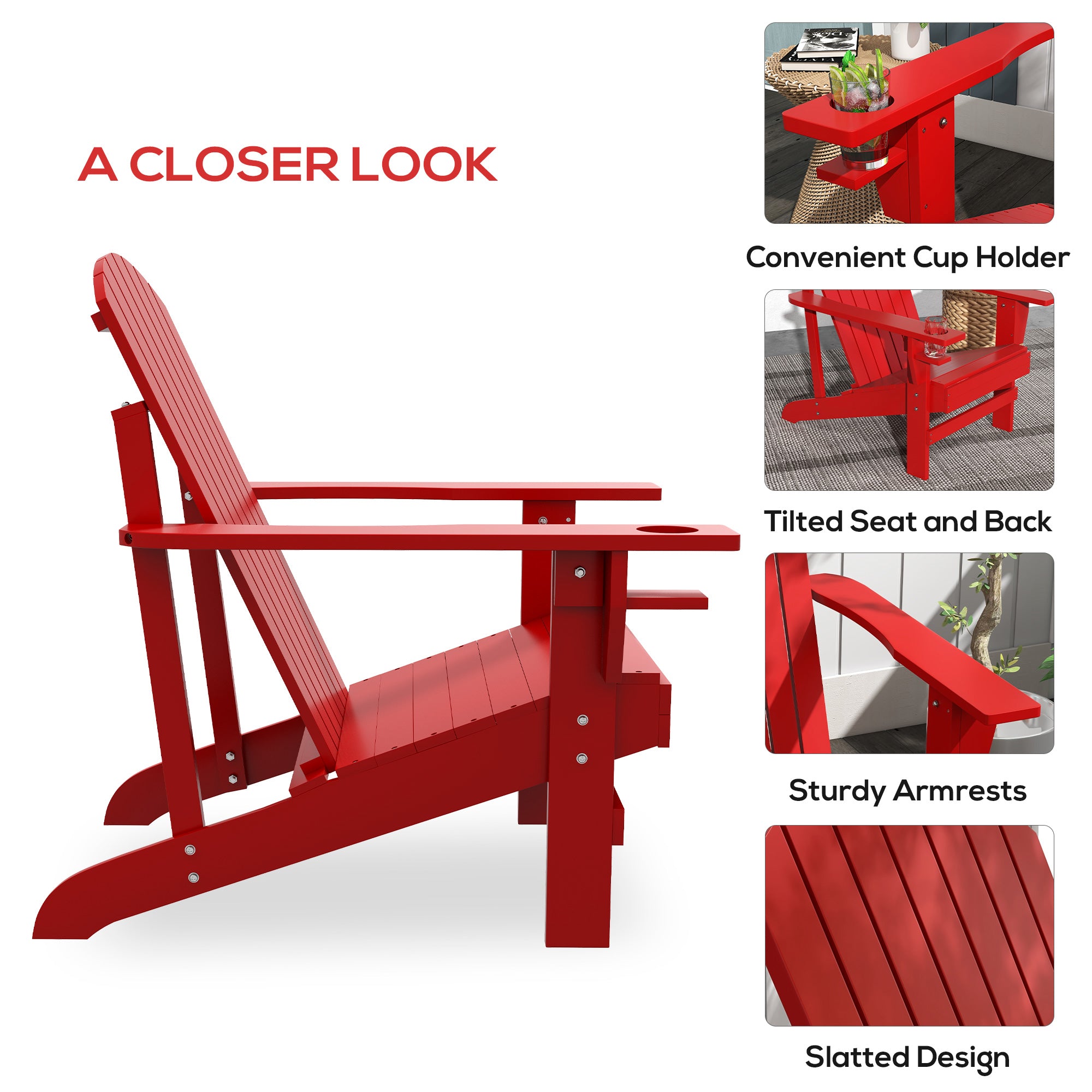 Outsunny Classic Adirondack Chair Muskoka Chair, Garden Deck Chair with Cup Holder for Patio, Indoor, Backyard, Red