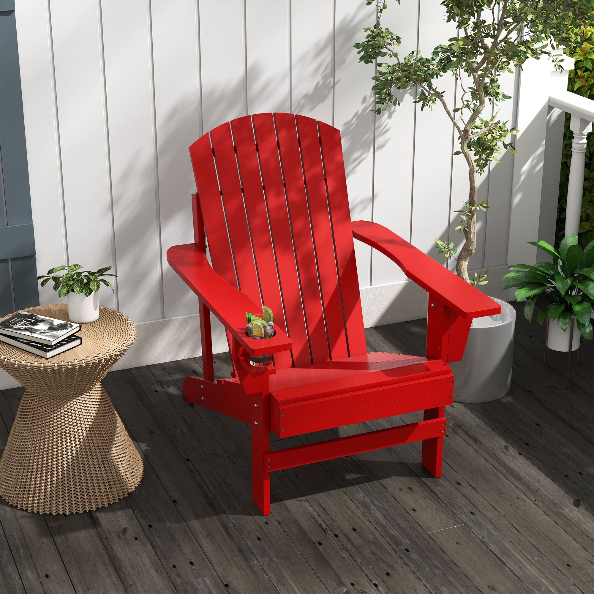Outsunny Classic Adirondack Chair Muskoka Chair, Garden Deck Chair with Cup Holder for Patio, Indoor, Backyard, Red