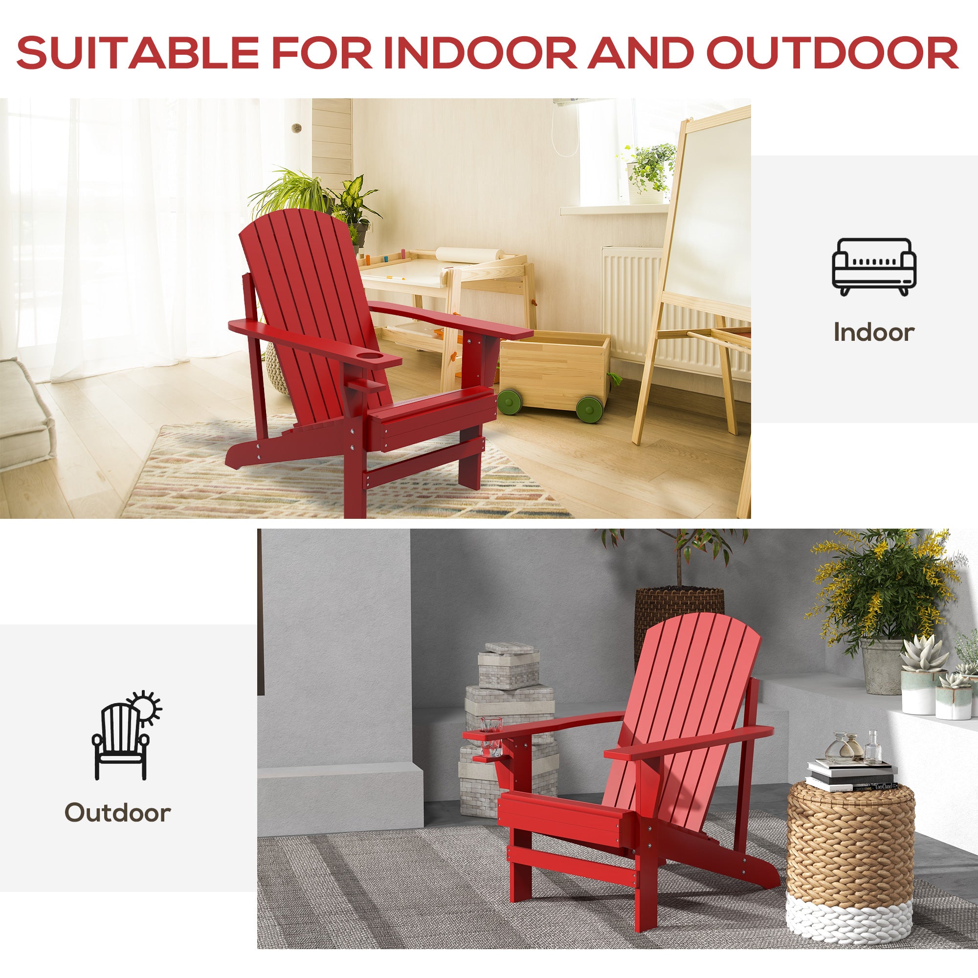 Outsunny Classic Adirondack Chair Muskoka Chair, Garden Deck Chair with Cup Holder for Patio, Indoor, Backyard, Red
