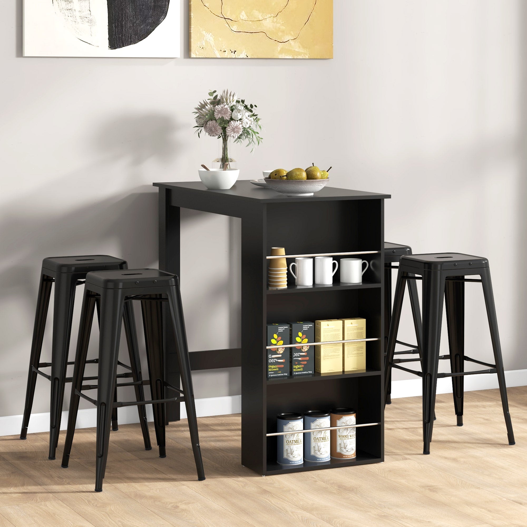 HOMCOM Modern Bar Table, Bar Height Dining Table with 3 Storage Shelves for Kitchen, Dining Room, Living Room, Black